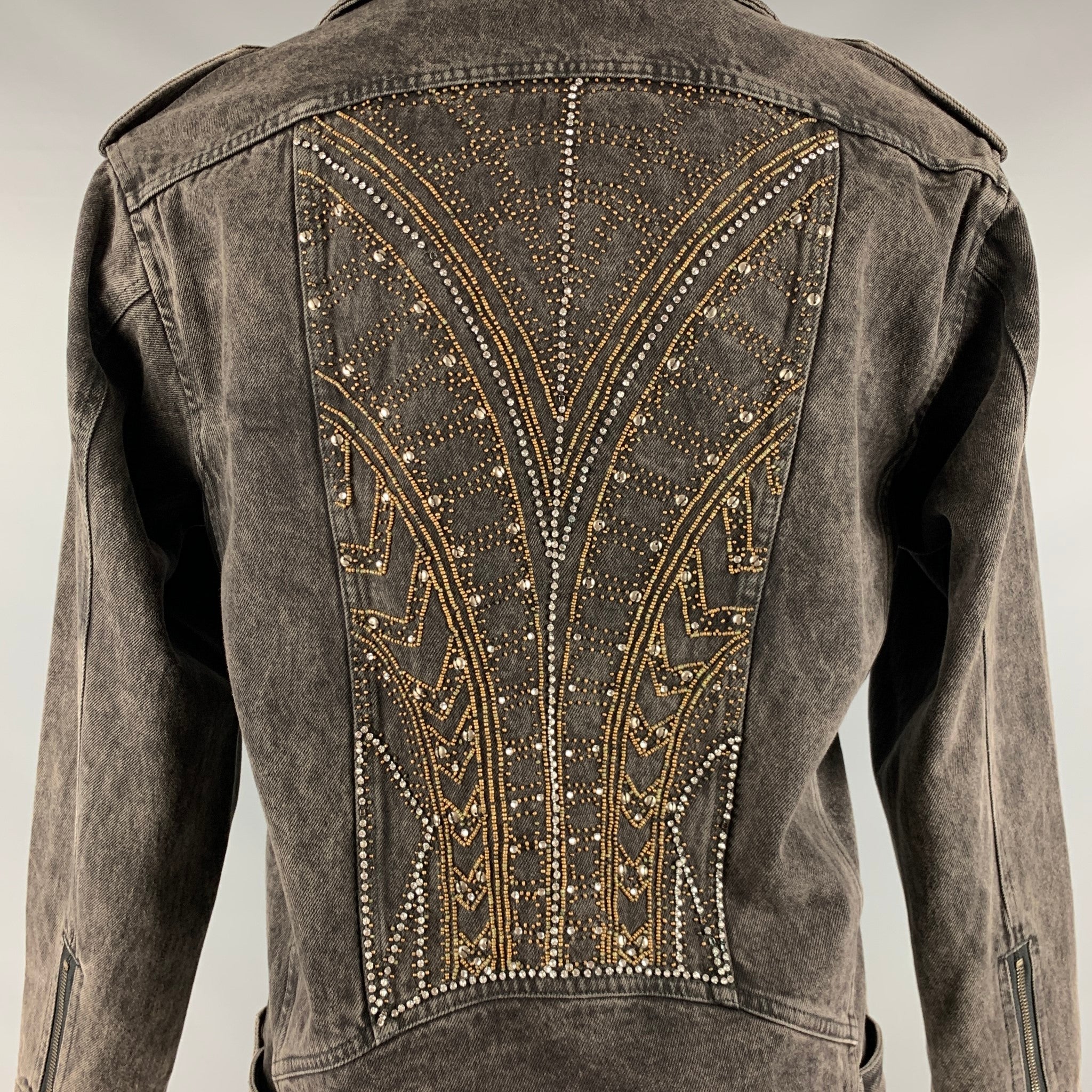 THE KOOPLES Size S Black Beaded Denim Biker Jacket - Image 5