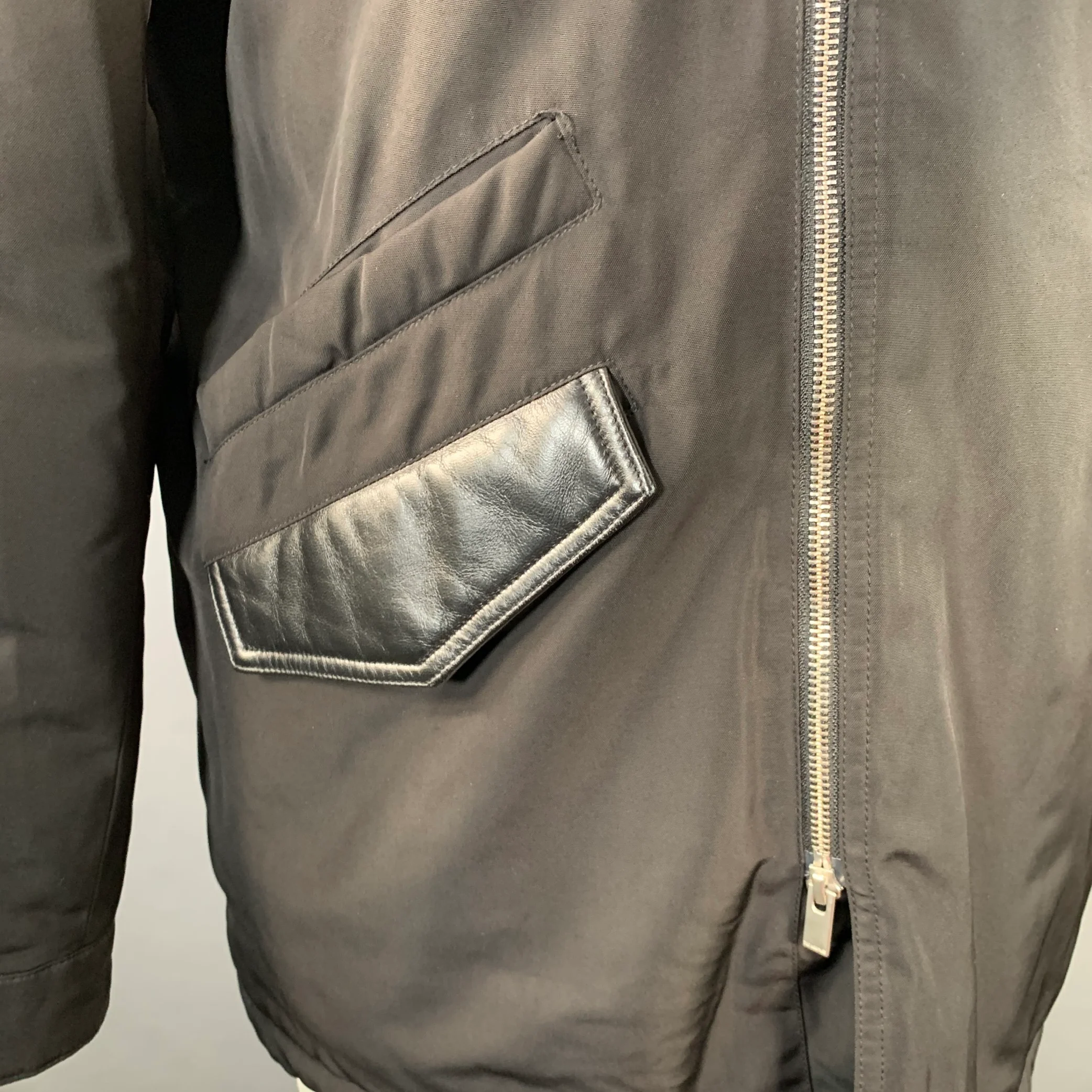THE KOOPLES Size XL Black Polyester Leather Trim Hooded Coat - Image 2