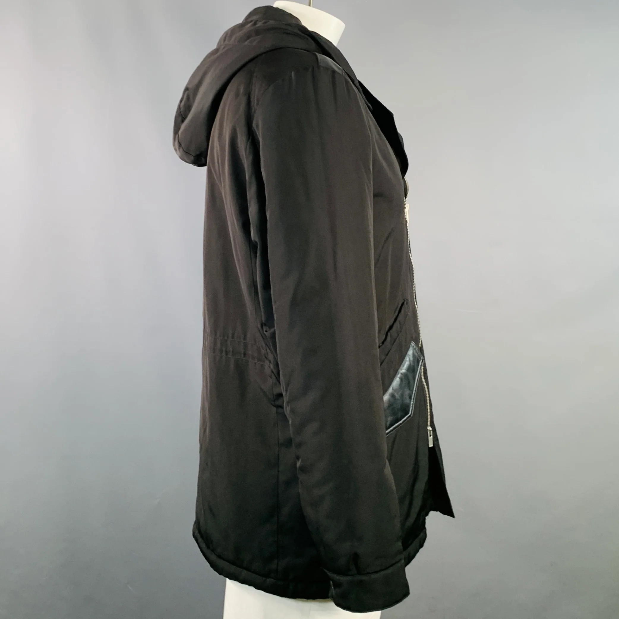 THE KOOPLES Size XL Black Polyester Leather Trim Hooded Coat - Image 3