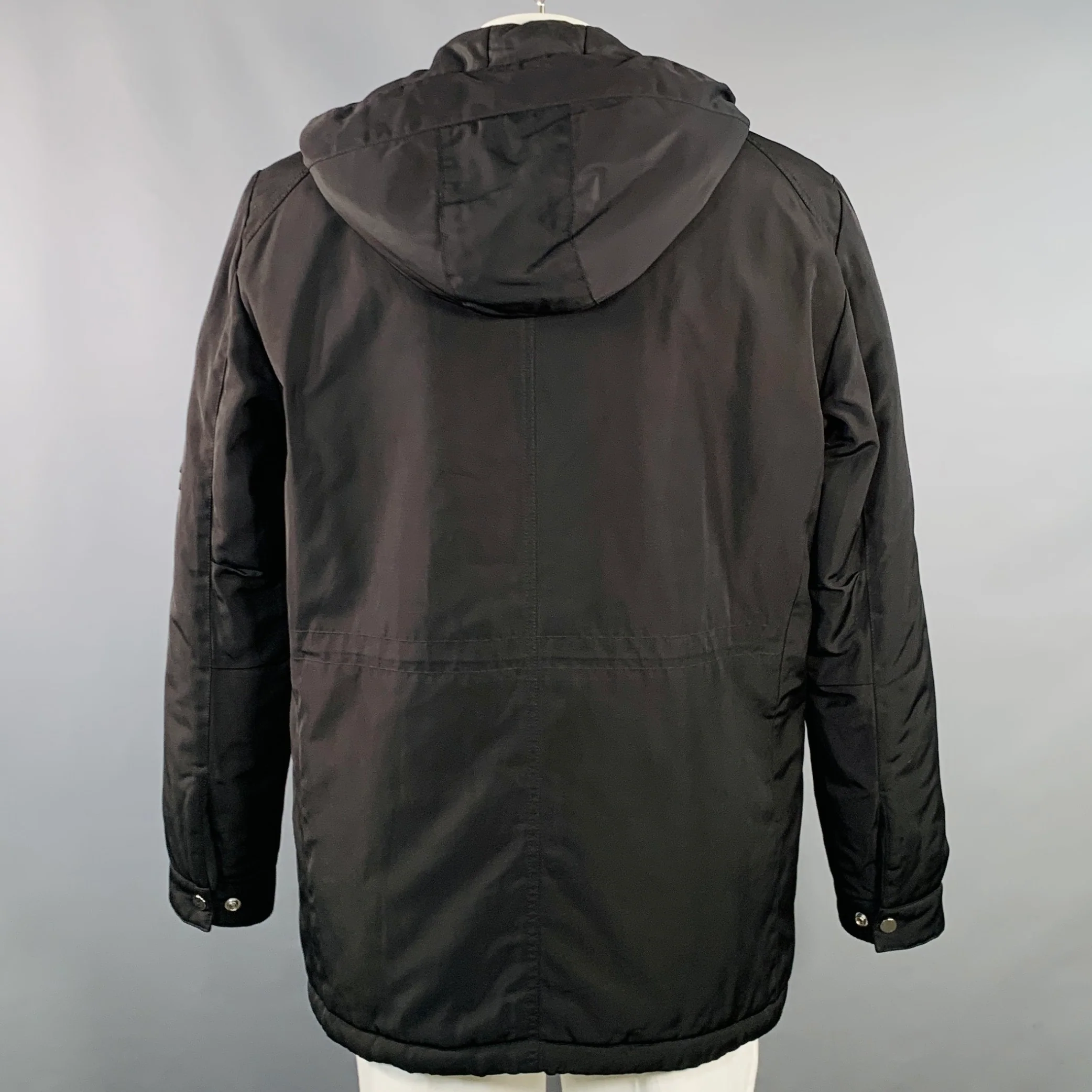 THE KOOPLES Size XL Black Polyester Leather Trim Hooded Coat - Image 4
