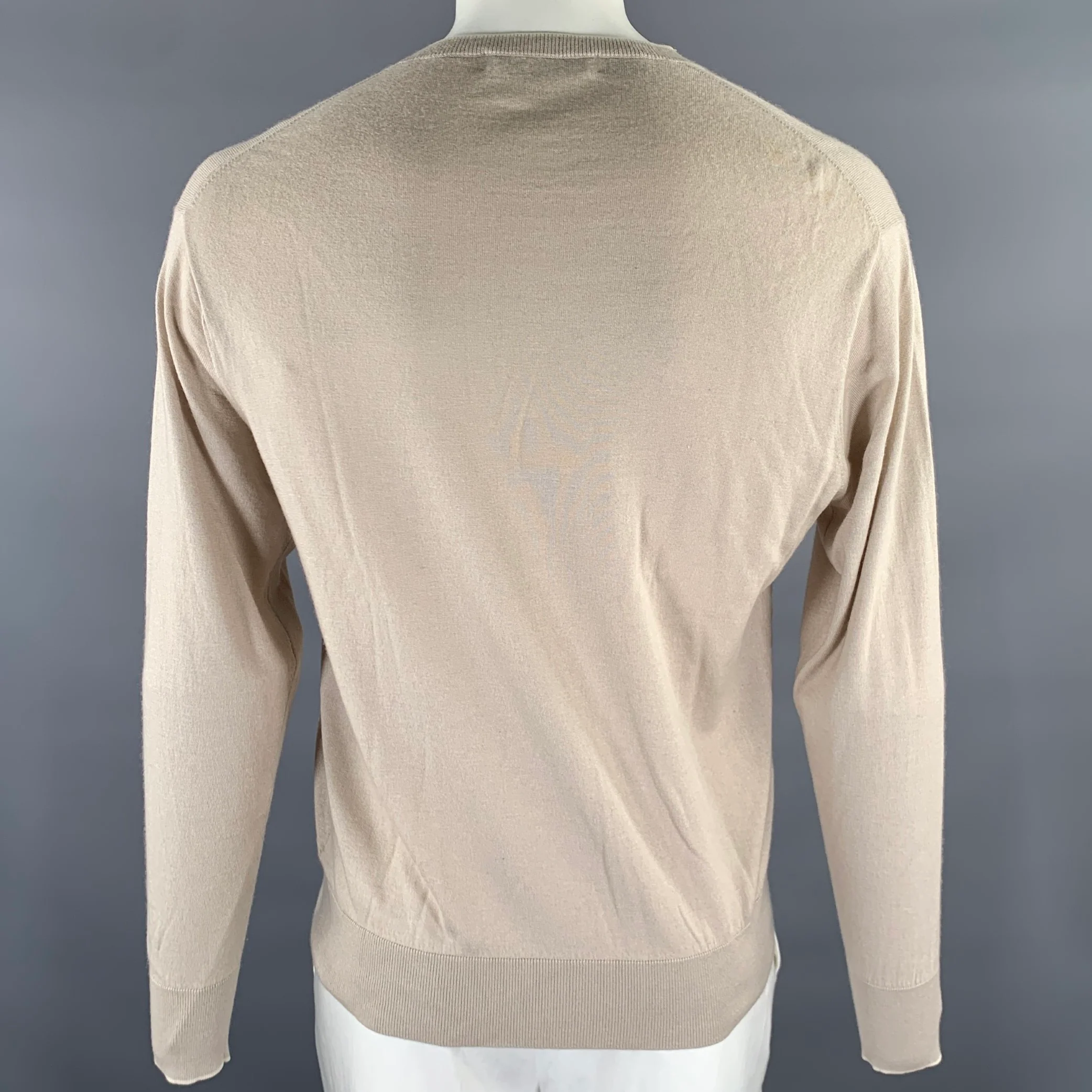 THE MONACO CASHMERE Size XL Beige Knitted Cashmere Silk Blend V-Neck Pullover - Image 3