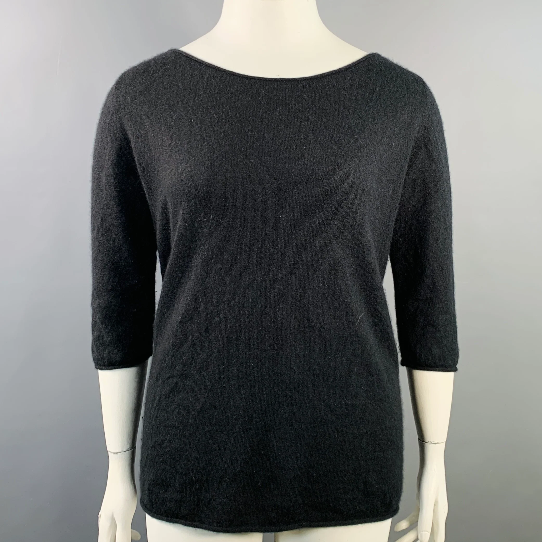 THE ROW Size L Black Cashmere Silk 3/4 Sleeves Scoop Neck Pullover