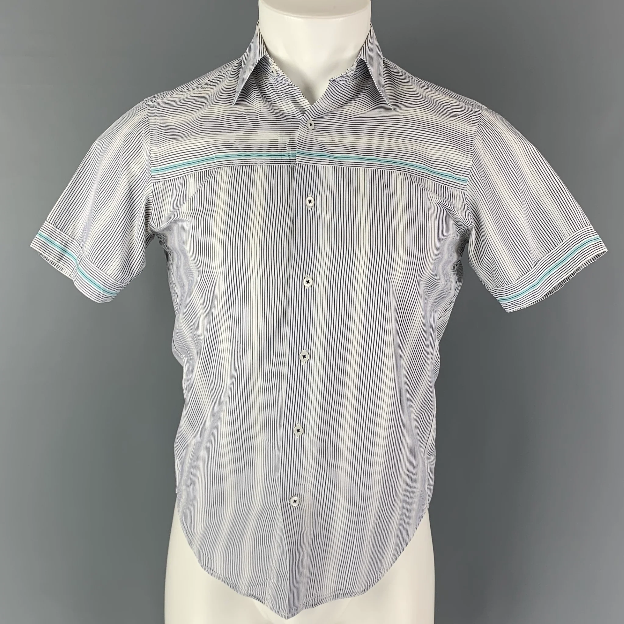 THE SUIT COMPANY Size S Blue White Stripe Cotton Short Sleeve Shirt