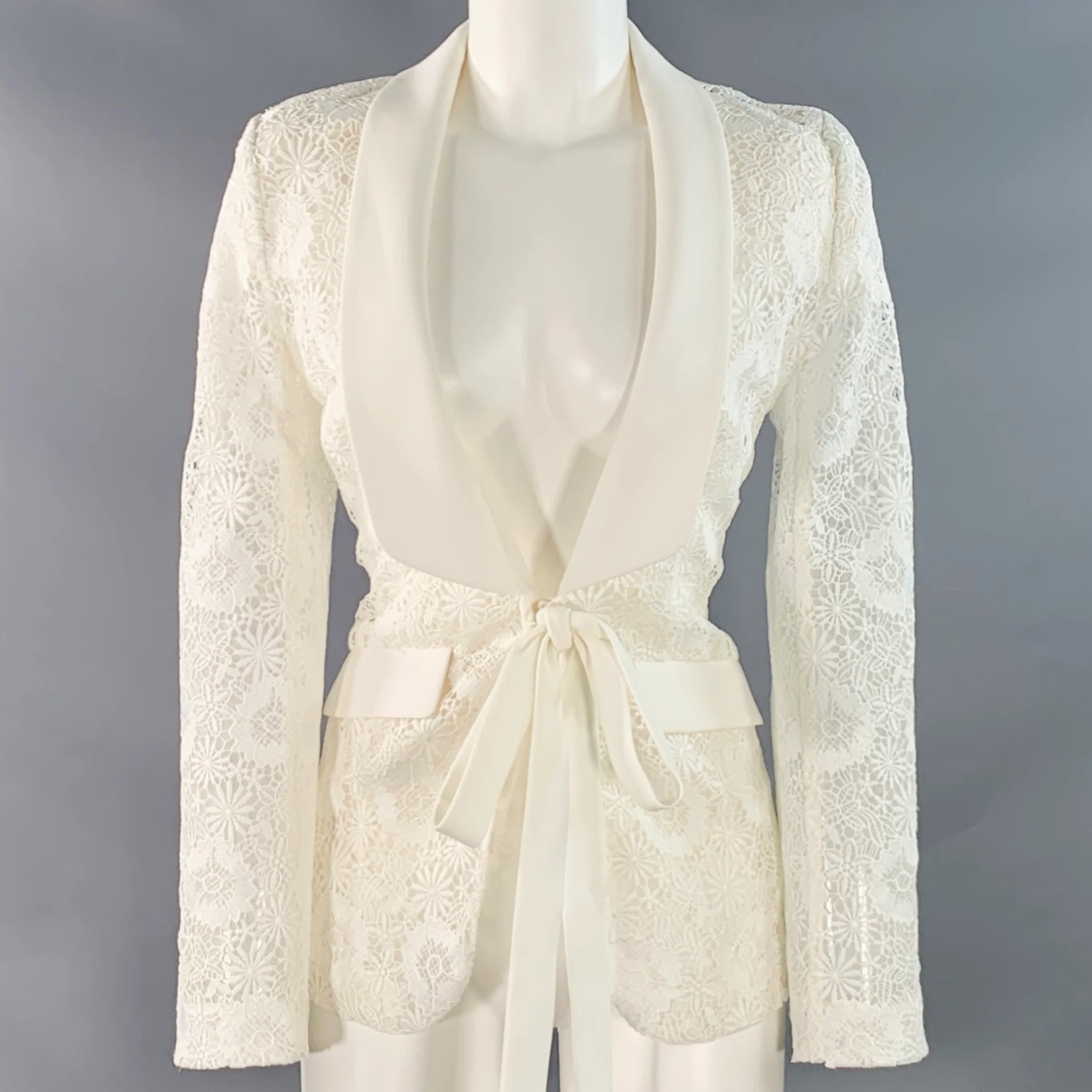 THEIA Size 6 Cream Polyester Lace Shawl Collar Jacket Blazer