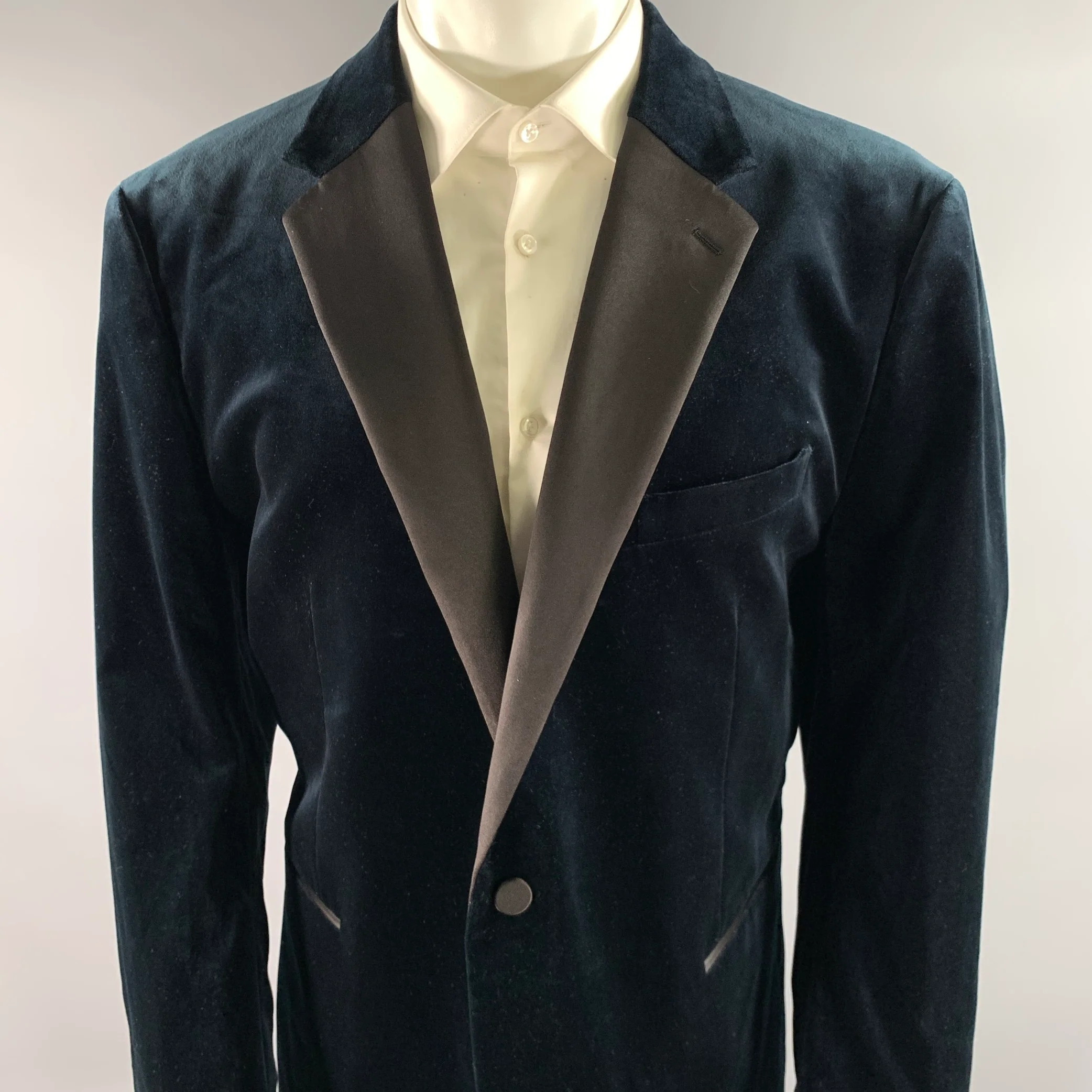 THEORY Size 46 Navy Teal Cotton Blend Tuxedo Jacket - Image 2