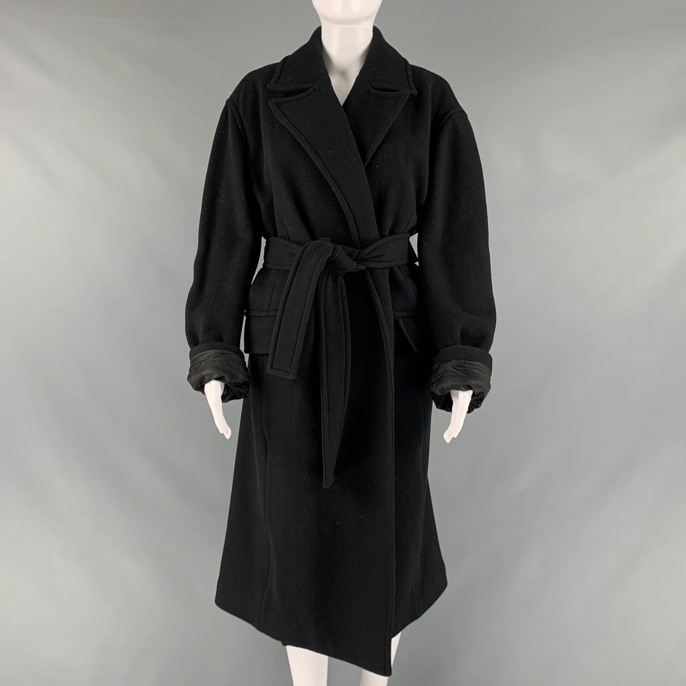 THEORY Size L Black Wool Blend Solid Notch Lapel Coat