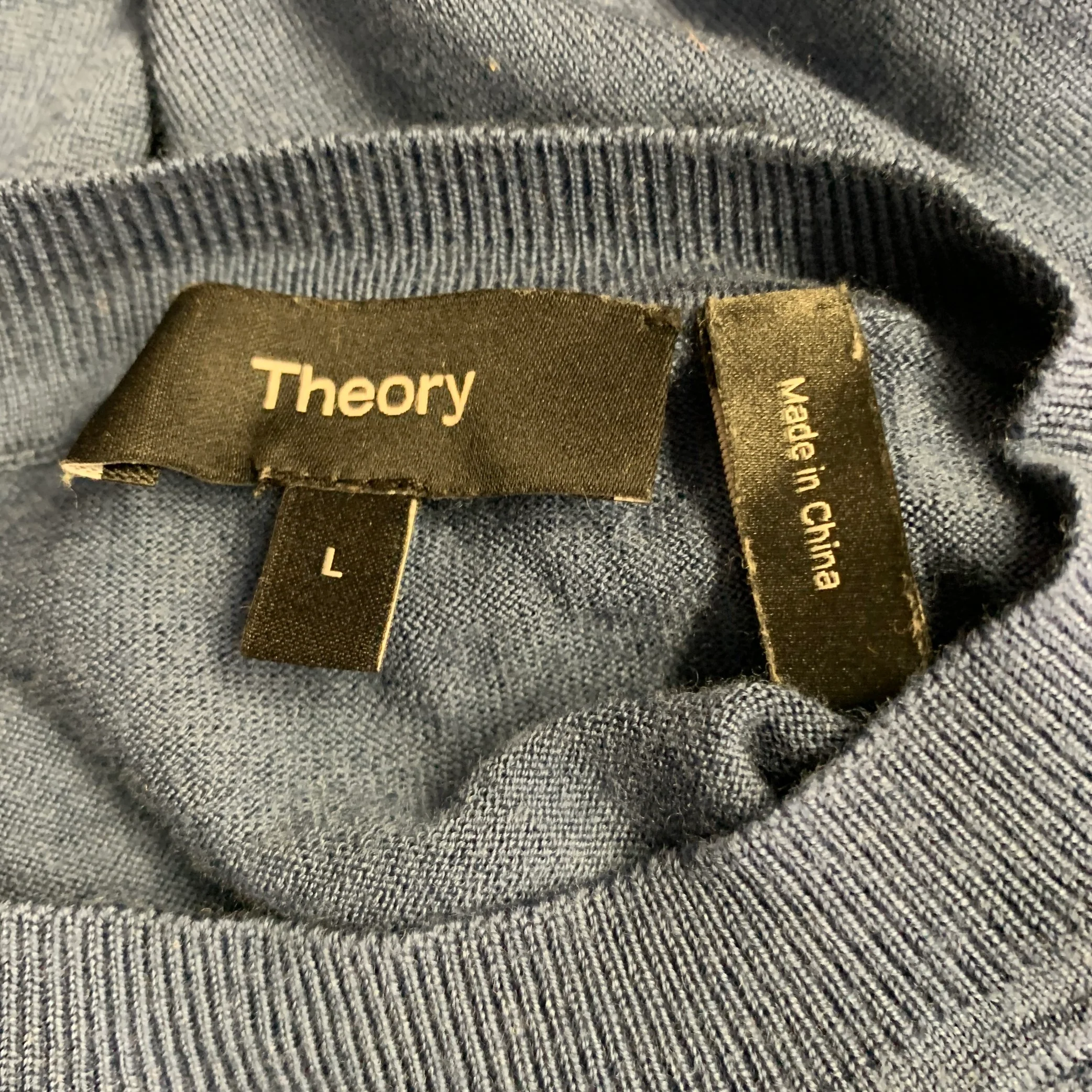 THEORY Size L Blue Knit Wool Blend Crew Neck T-shirt - Image 5