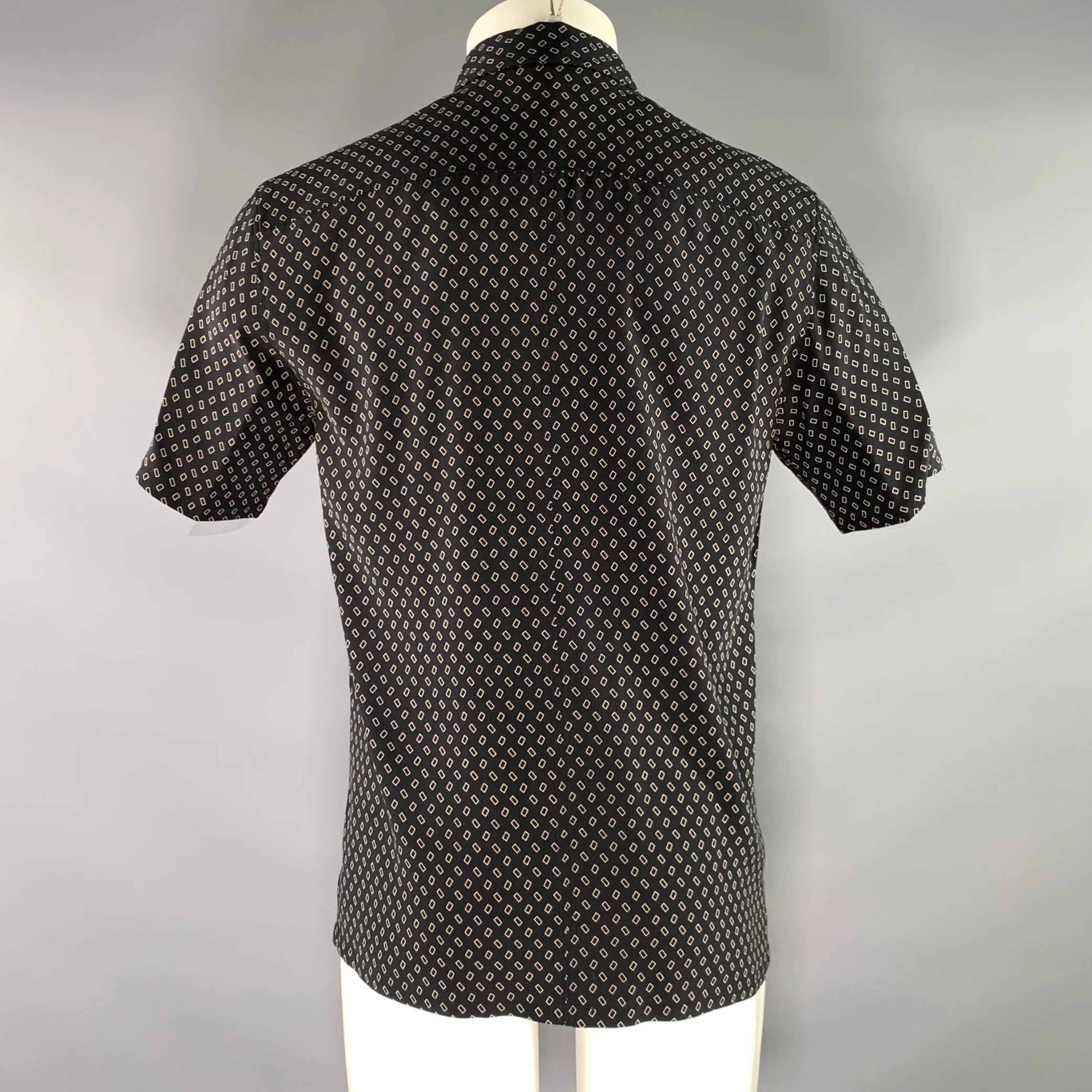 THEORY Size M Black Beige Geometric Silk spandex Button Up Short Sleeve Shirt - Image 3