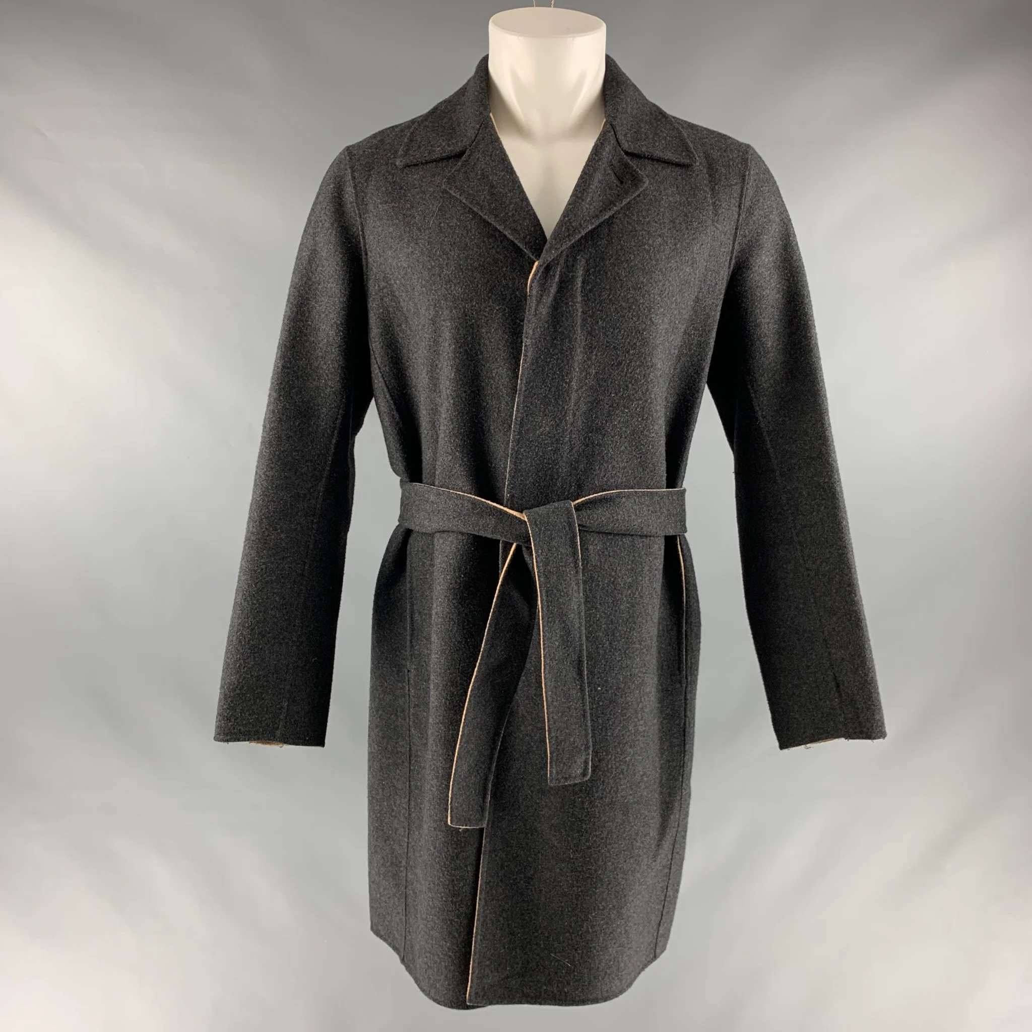 THEORY Size M Charcoal Tan Solid Wool Blend Belted Coat