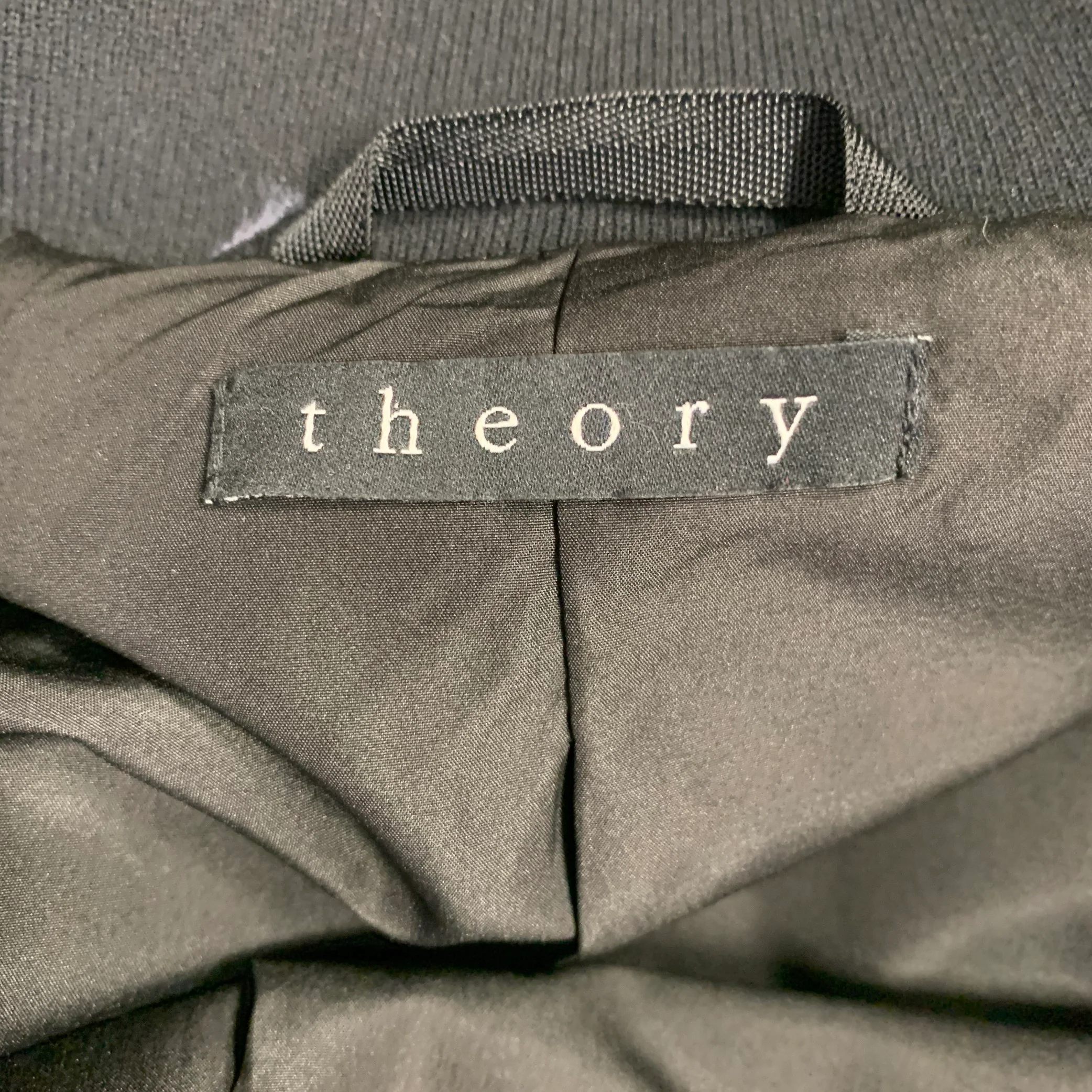 THEORY Size M Navy Black Two Toned Polyamide Lambskin Leather Varsity Jacket - Image 4