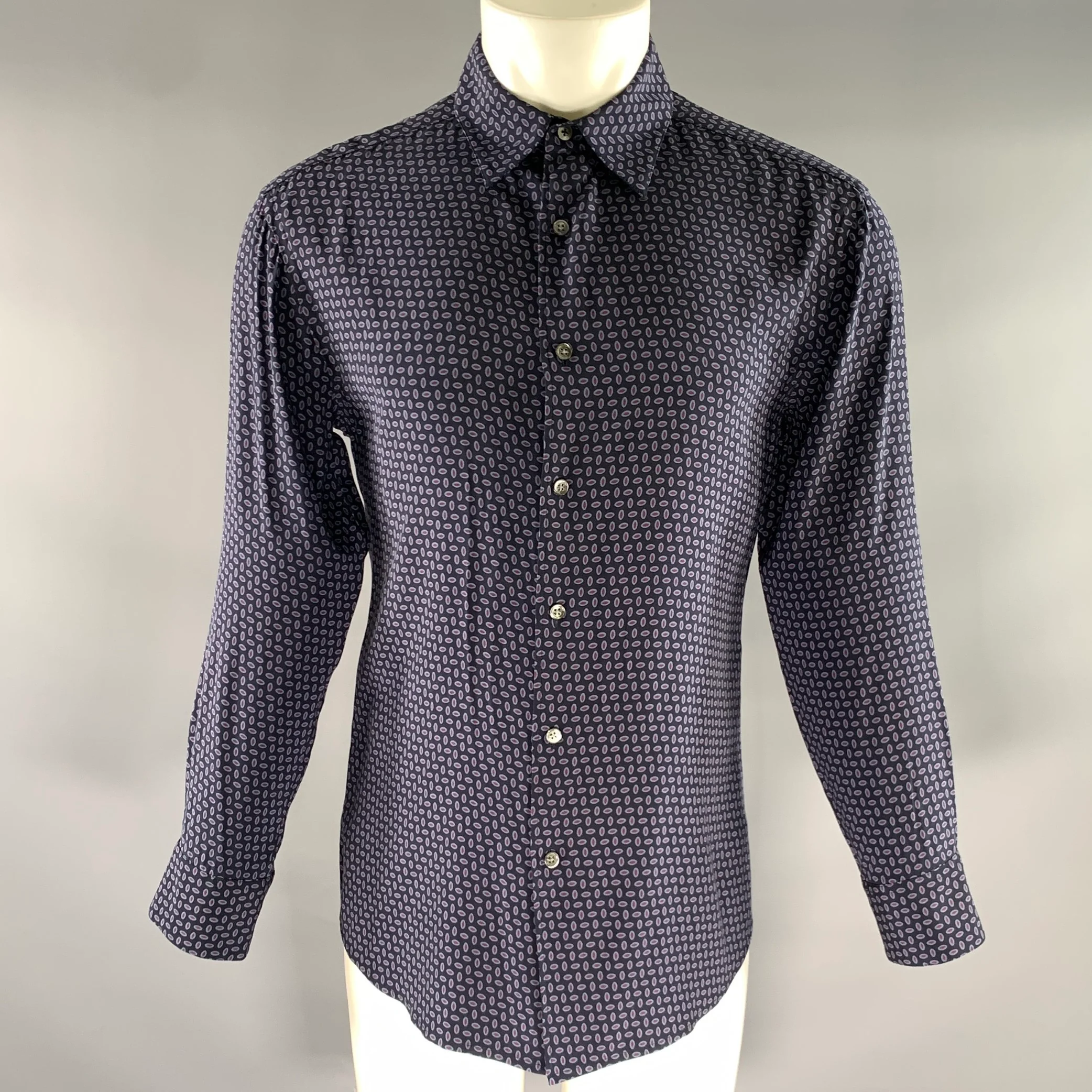 THEORY Size M Navy Burgundy blue Abstract Silk spandex Long Sleeve Shirt