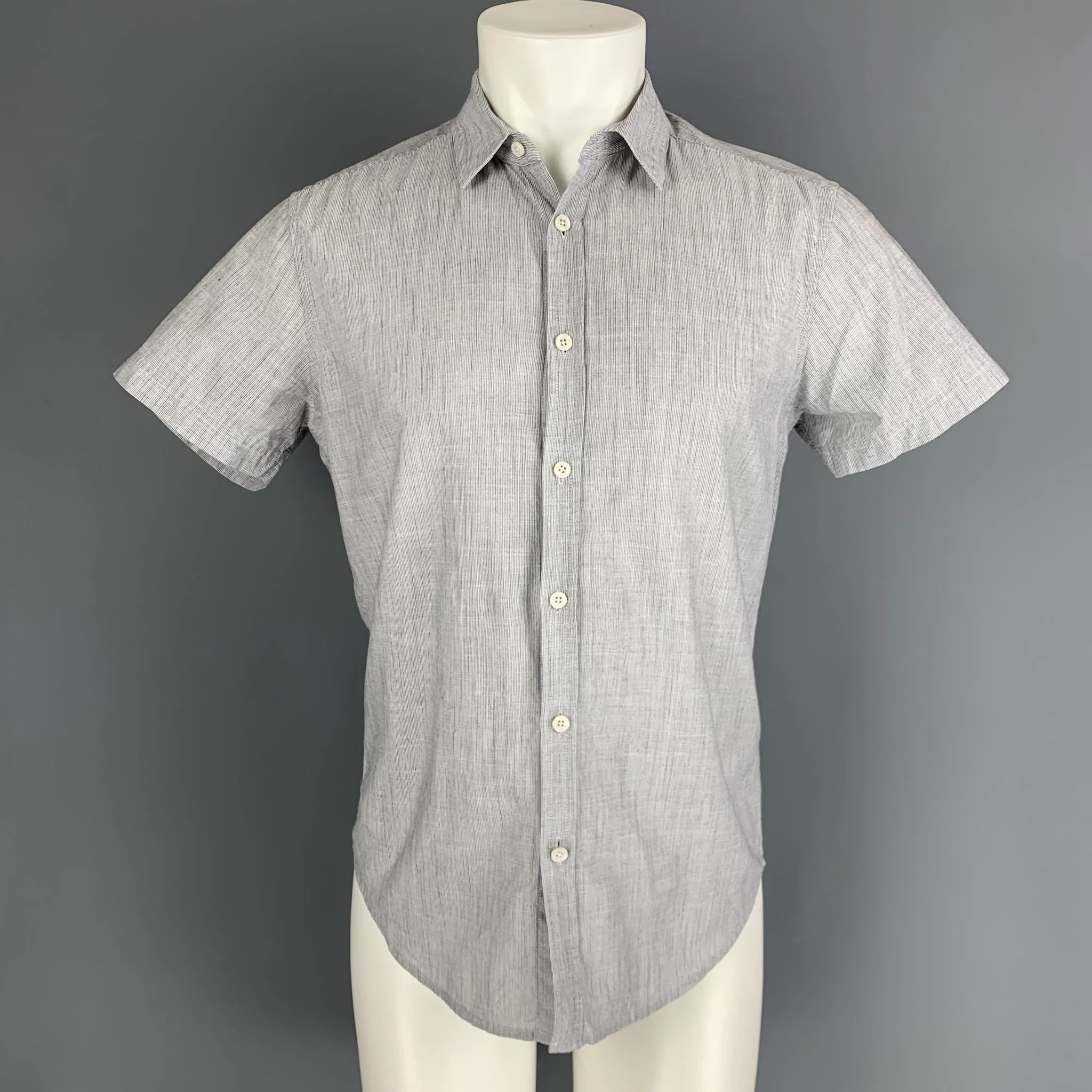 THEORY Size S Grey Stripe Cotton Short Sleeve Shirt