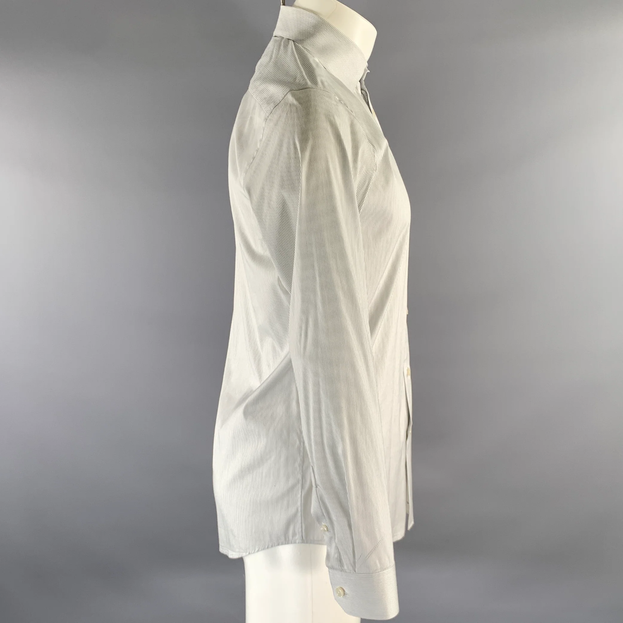 THEORY Size S White Grey Pinstripe Cotton Blend Spread Collar Long Sleeve Shirt - Image 3