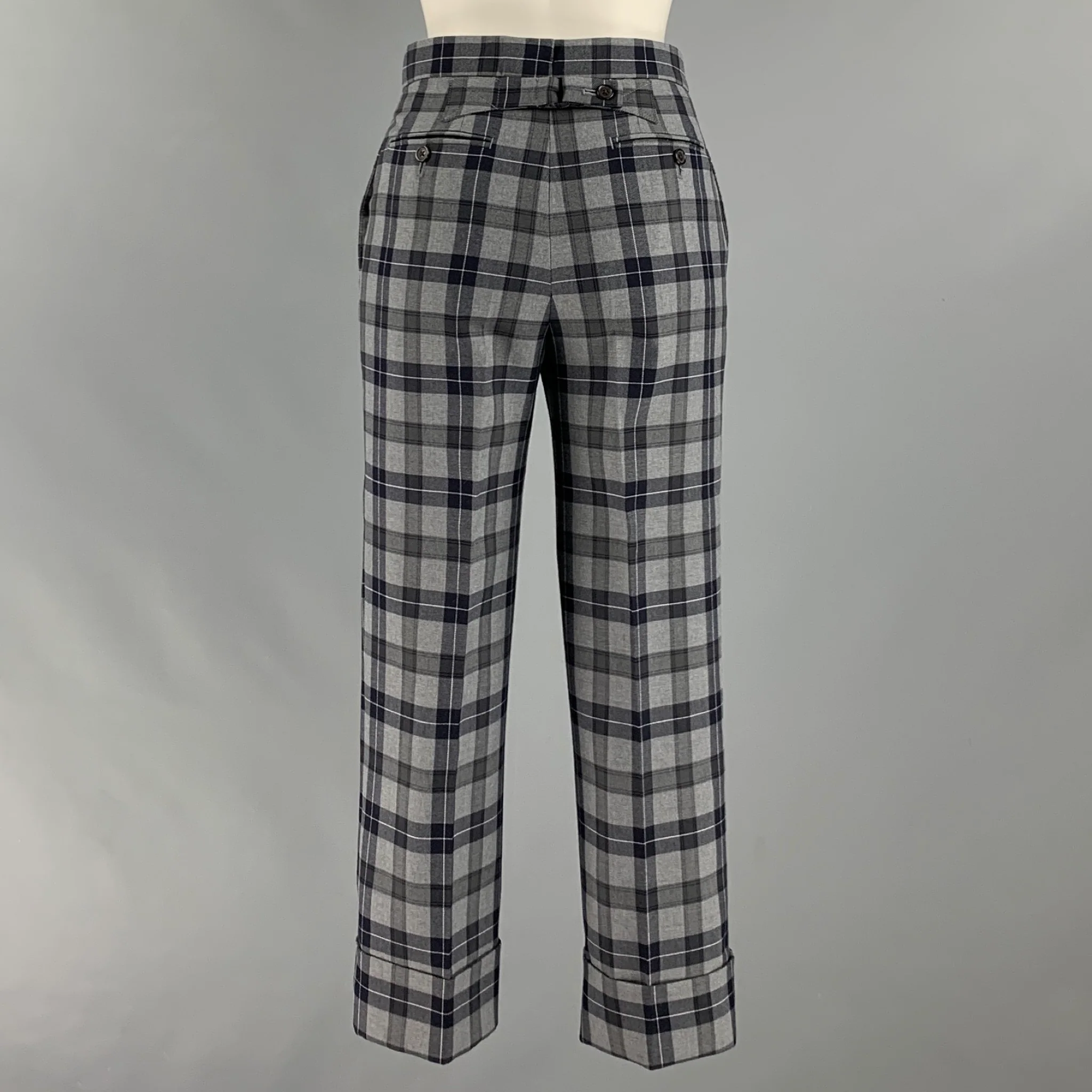 THOM BROWNE Size 0 Grey Black Wool Polyester Plaid High Waisted Dress Pants - Image 3
