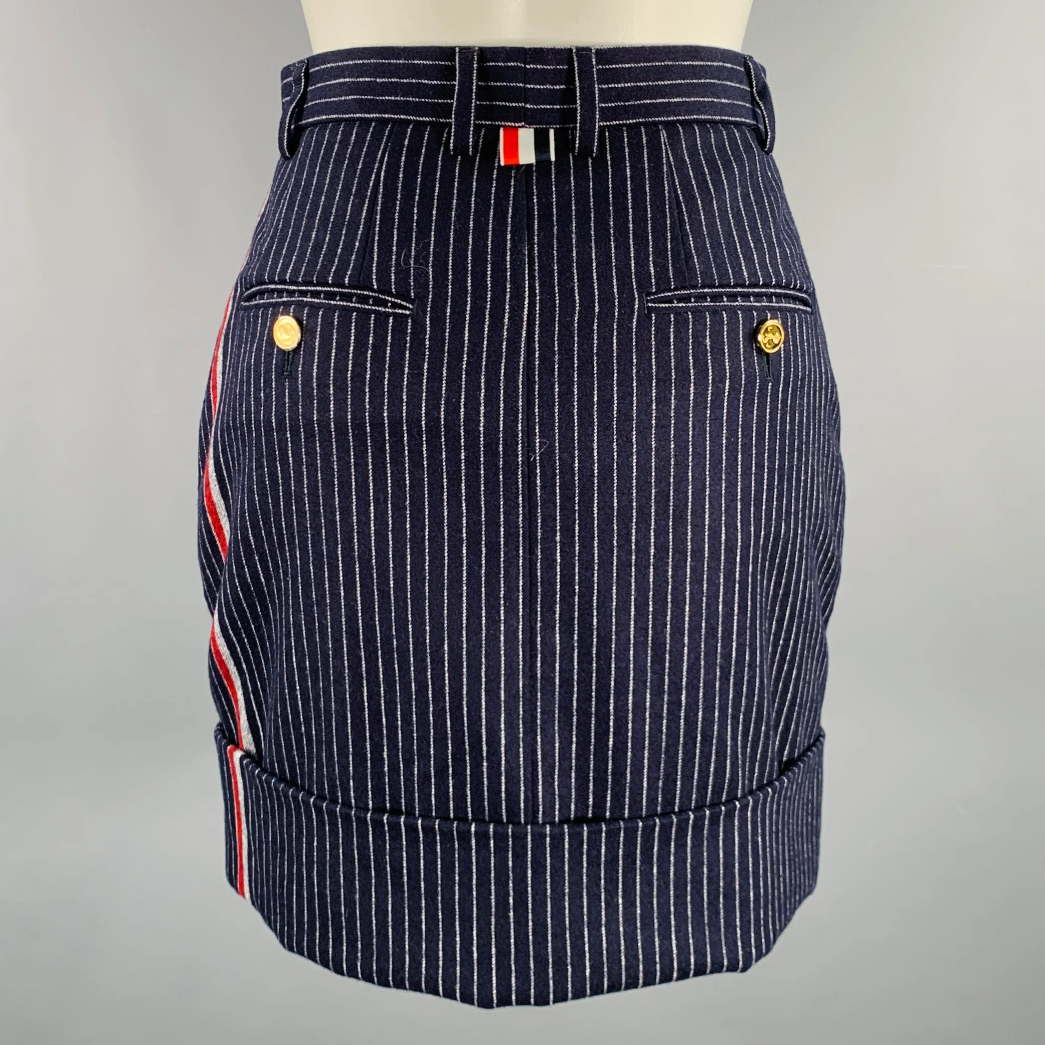 THOM BROWNE Size 0 Navy White Wool Cashmere Pinstripe Cuffed Mini Skirt - Image 2