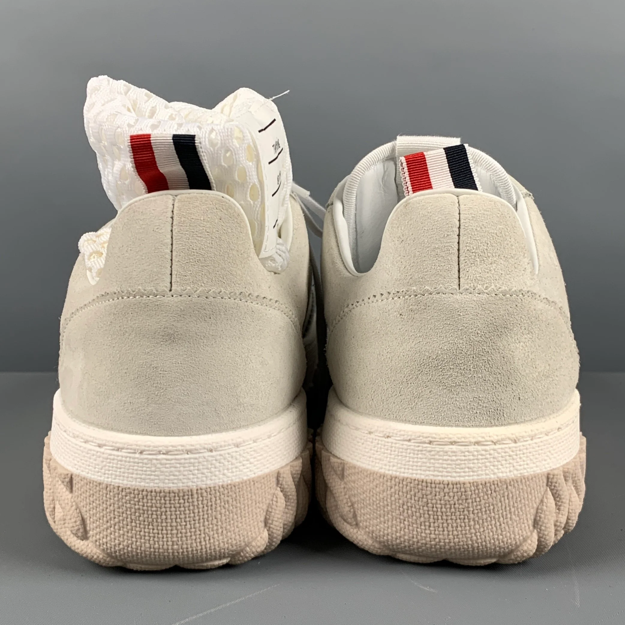 THOM BROWNE Size 11 Off White Solid Suede Lace Up Sneakers - Image 2