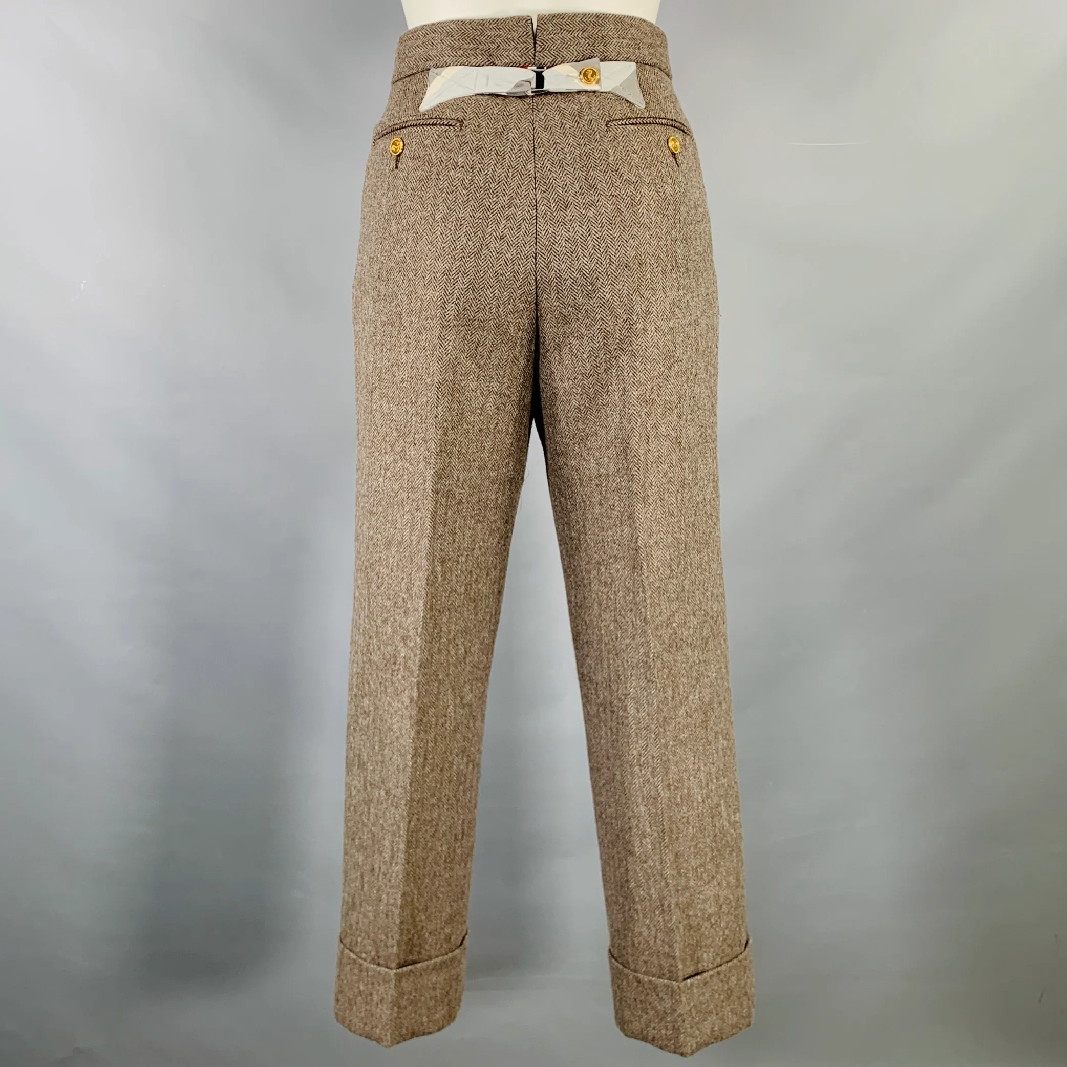 THOM BROWNE Size 2 Brown Olive Wool Herringbone Flat Front Dress Pants - Image 3