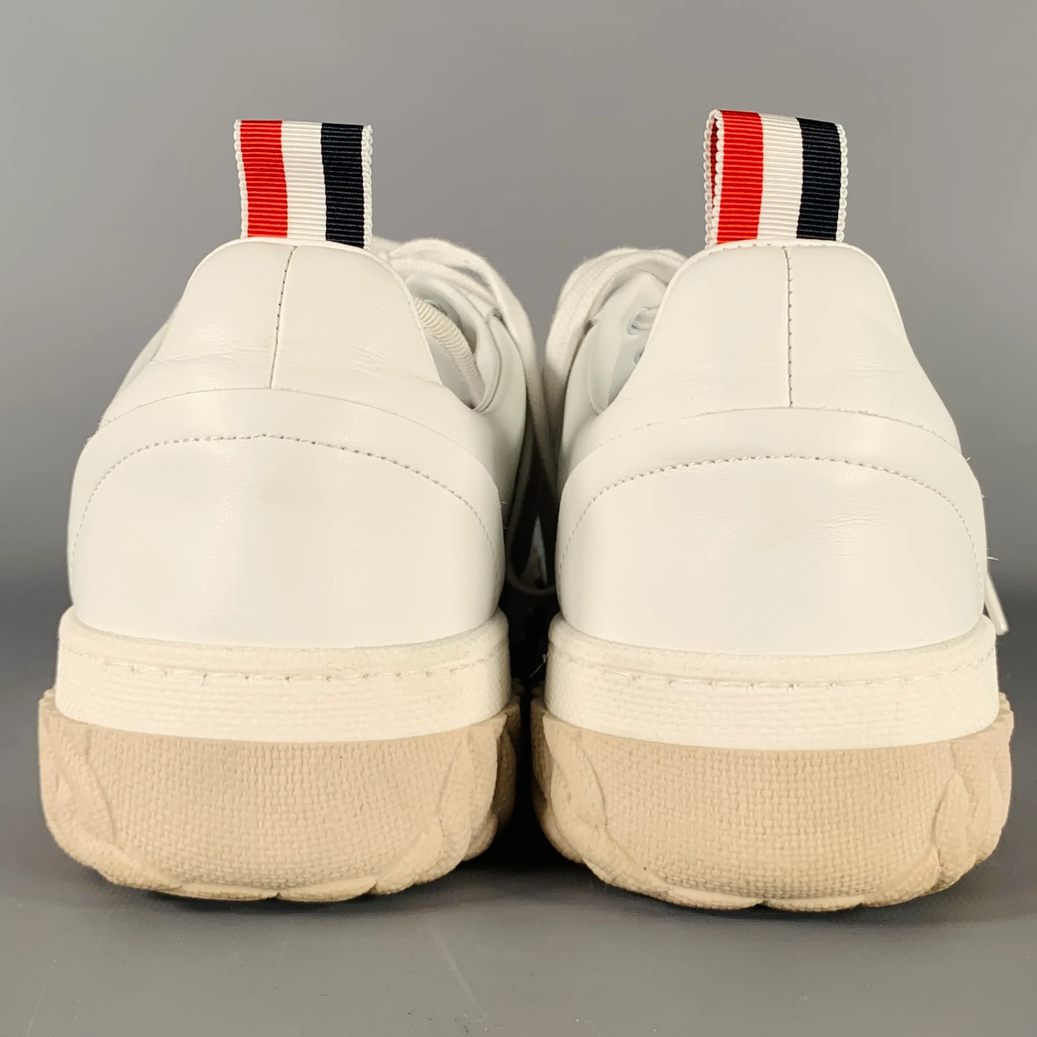 THOM BROWNE Size 8 White Beige Leather Rubber Sole Sneakers - Image 3