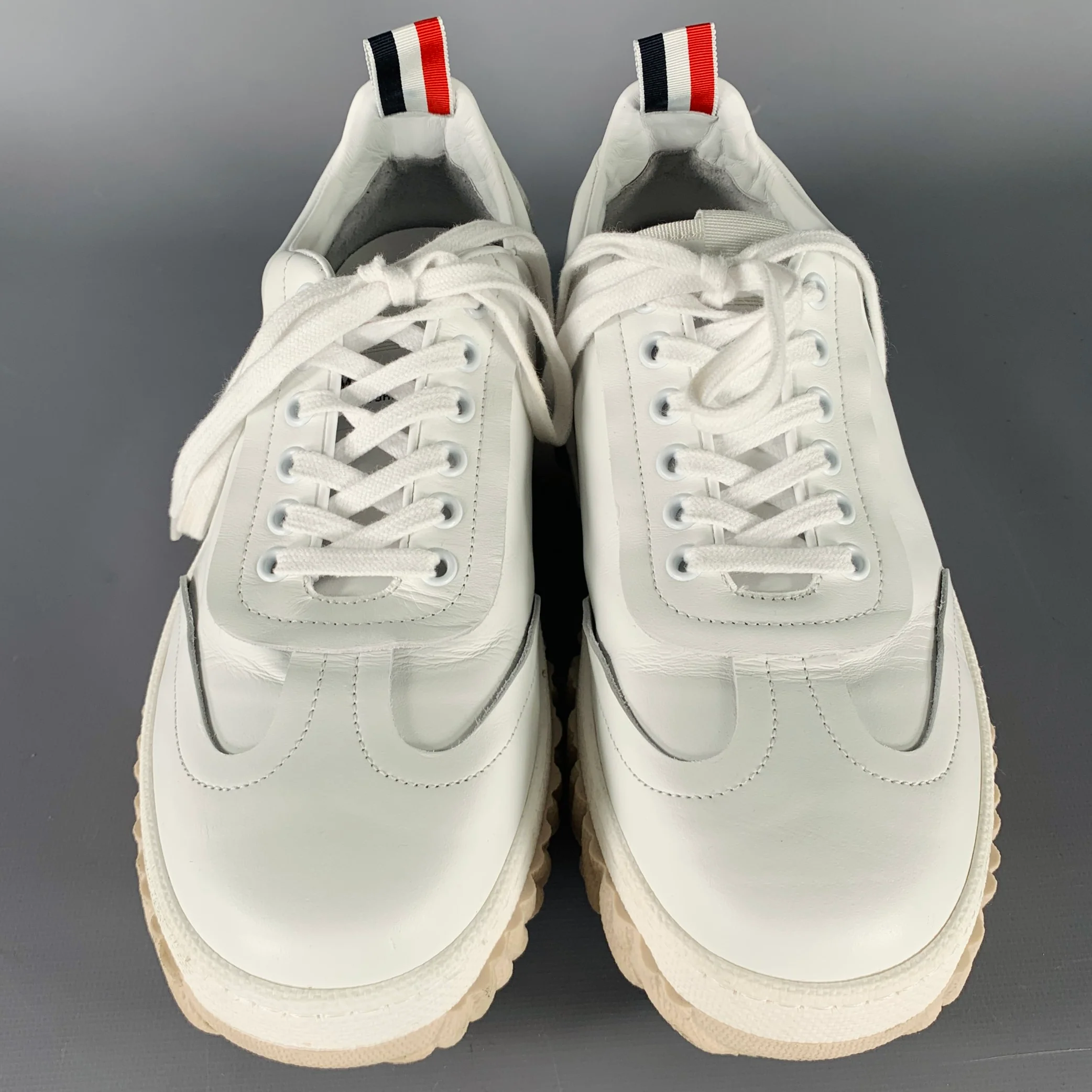 THOM BROWNE Size 8 White Beige Leather Rubber Sole Sneakers - Image 4