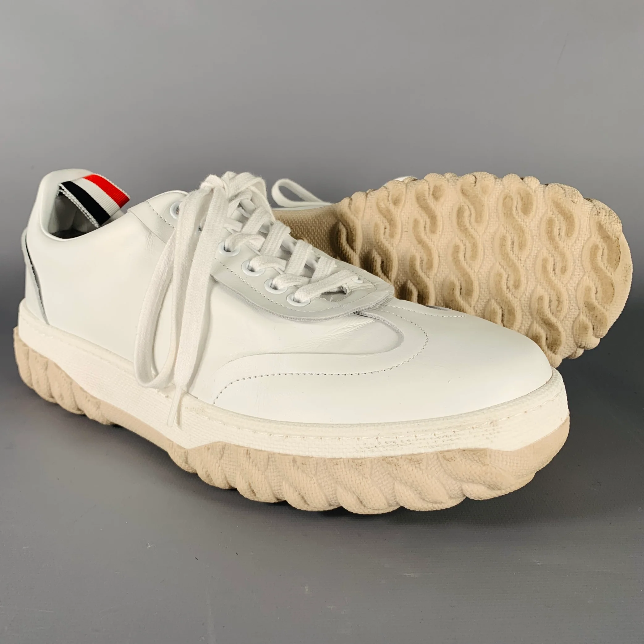 THOM BROWNE Size 8 White Beige Leather Rubber Sole Sneakers - Image 5