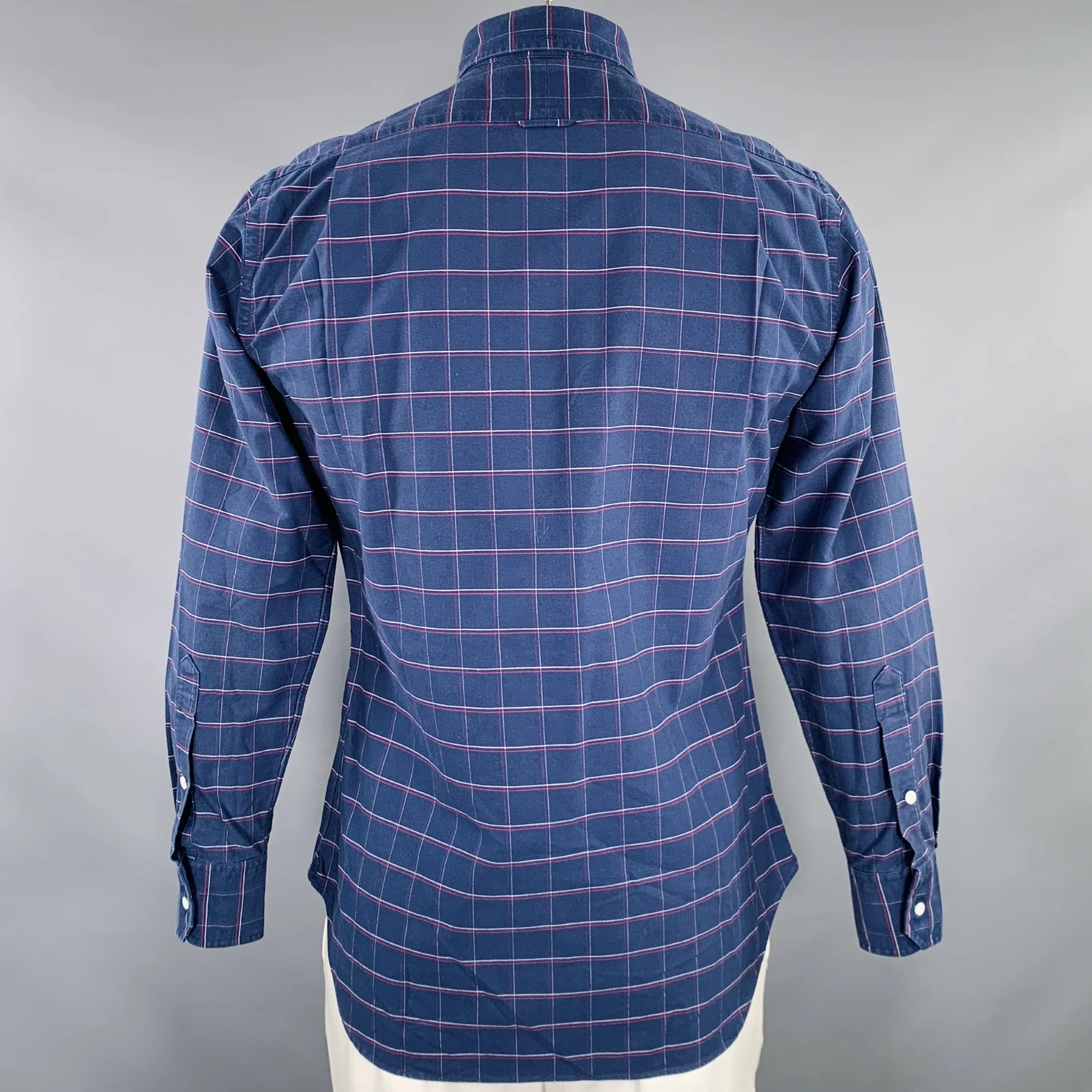 THOM BROWNE Size L Navy Red White Window Pane Cotton Long Sleeve Shirt - Image 4