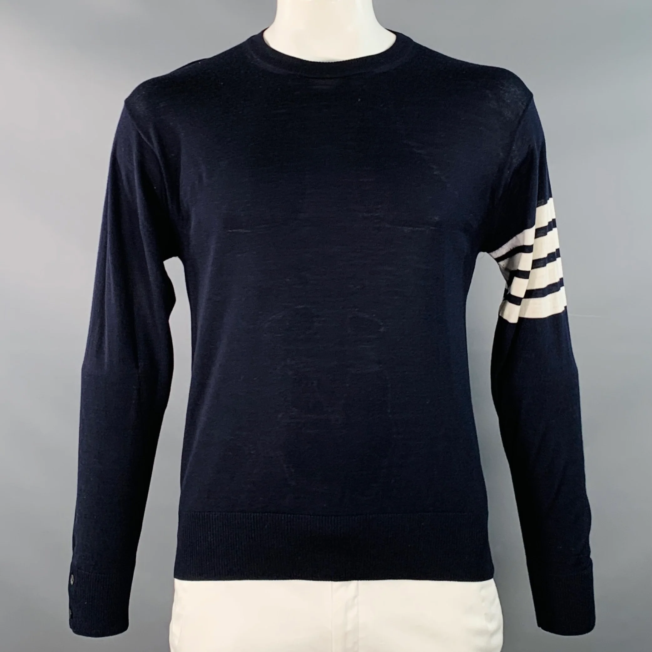 THOM BROWNE Size L Navy White Stripe Merino Wool Pullover