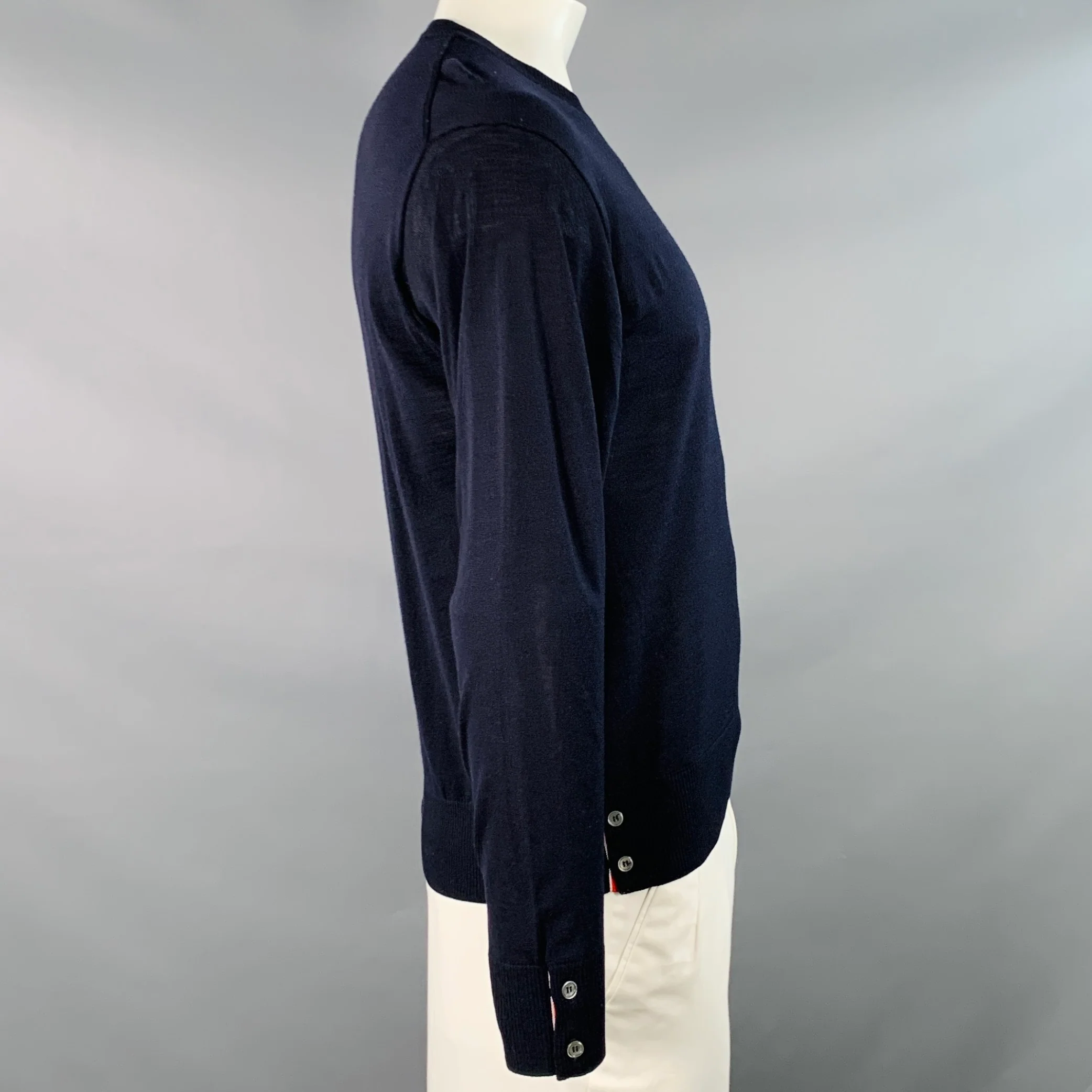 THOM BROWNE Size L Navy White Stripe Merino Wool Pullover - Image 2