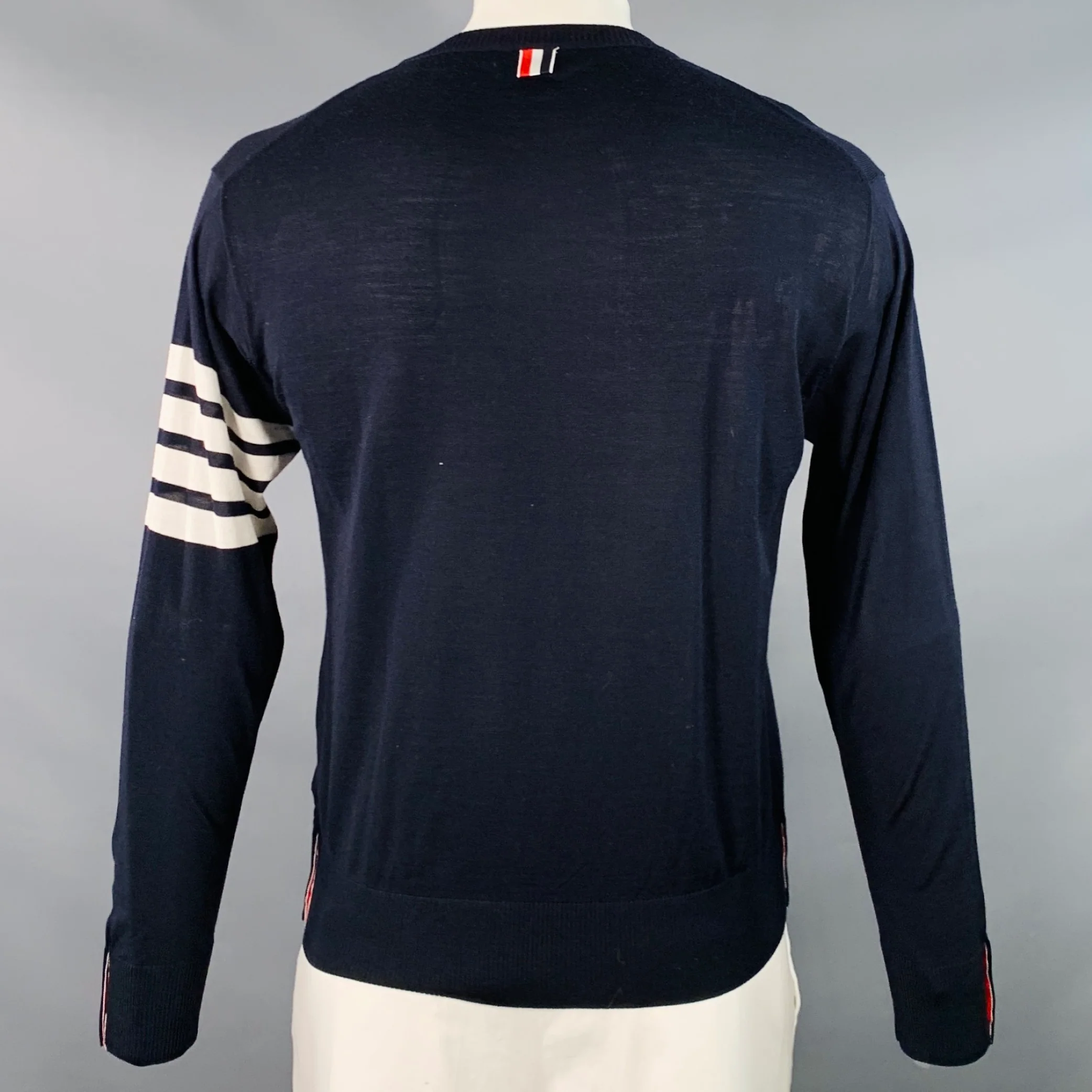 THOM BROWNE Size L Navy White Stripe Merino Wool Pullover - Image 3