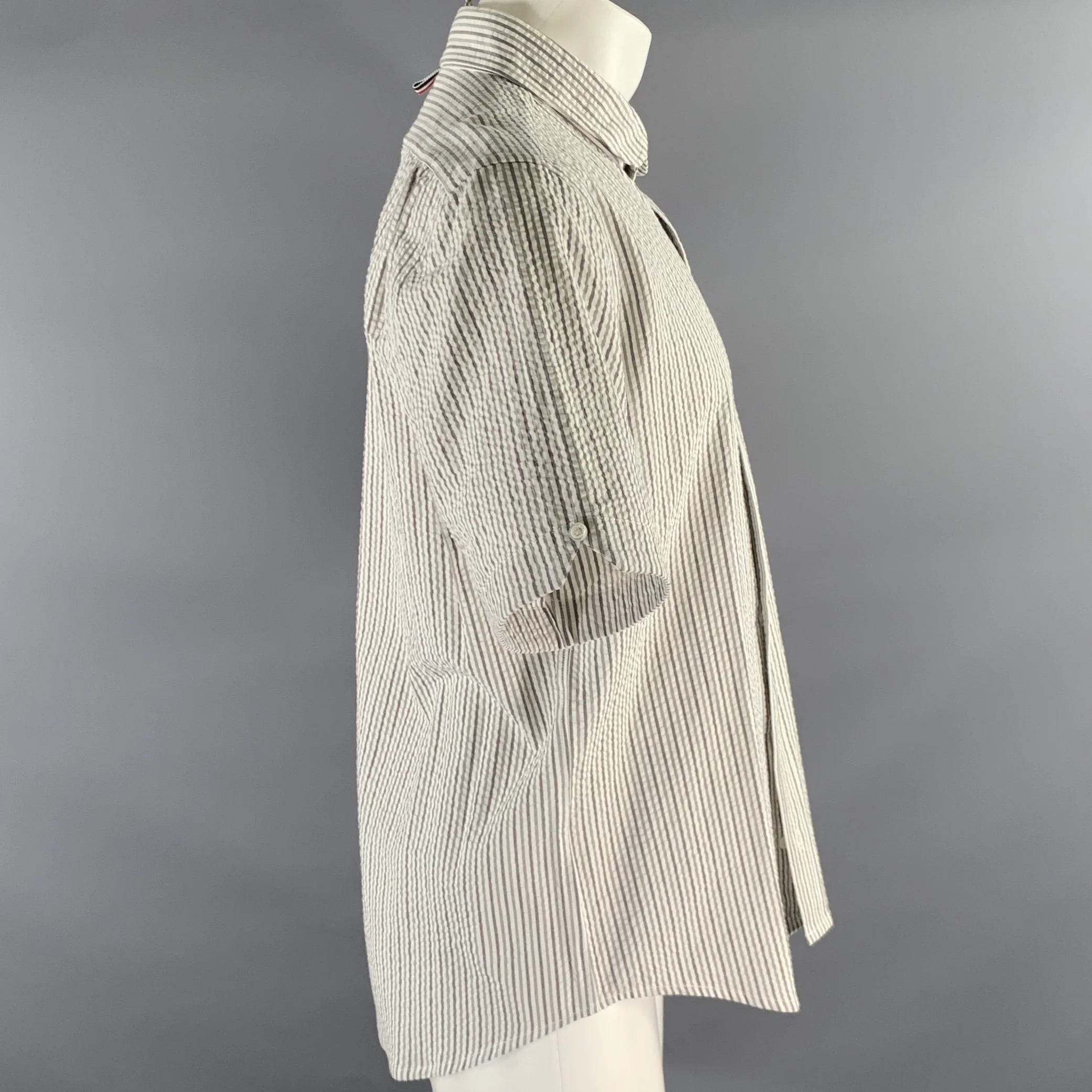 THOM BROWNE Size L White Grey Seersucker Stripe Cotton Club Collar Short Sleeve Shirt - Image 3