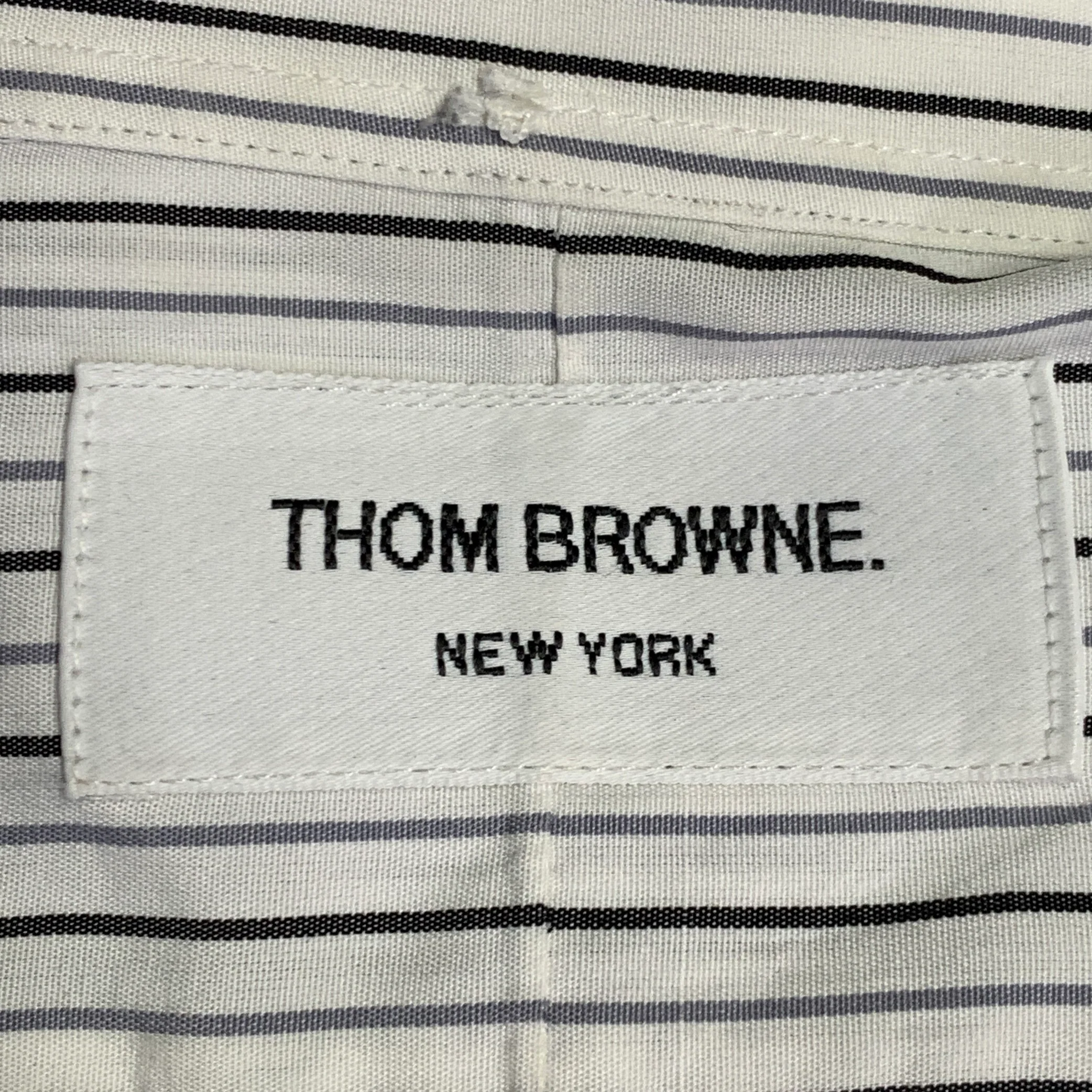 THOM BROWNE Size M White Grey Black Stripe Cotton One Pocket Long Sleeve Shirt - Image 6
