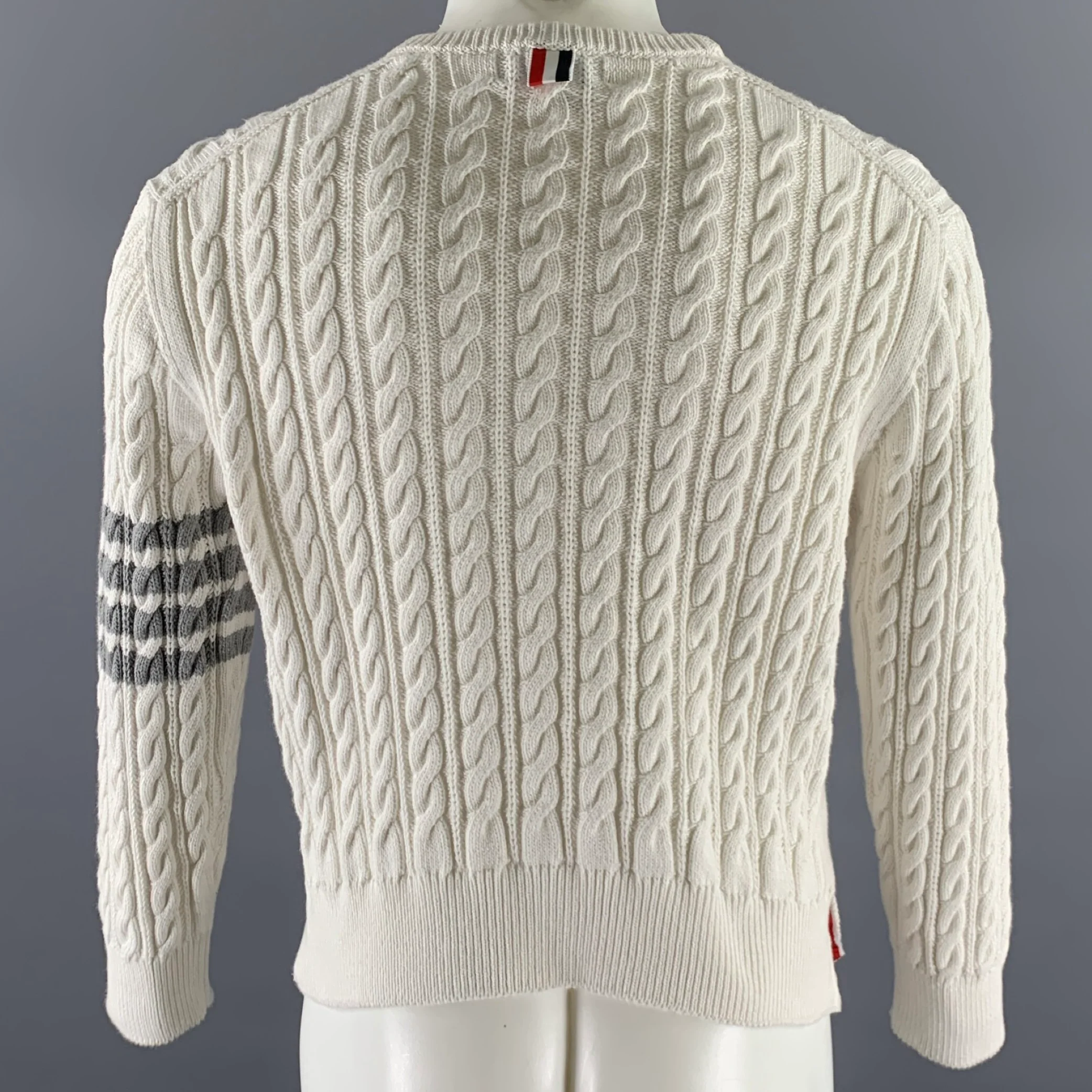 THOM BROWNE Size M White Grey Cotton Cable Knit Sweater - Image 4