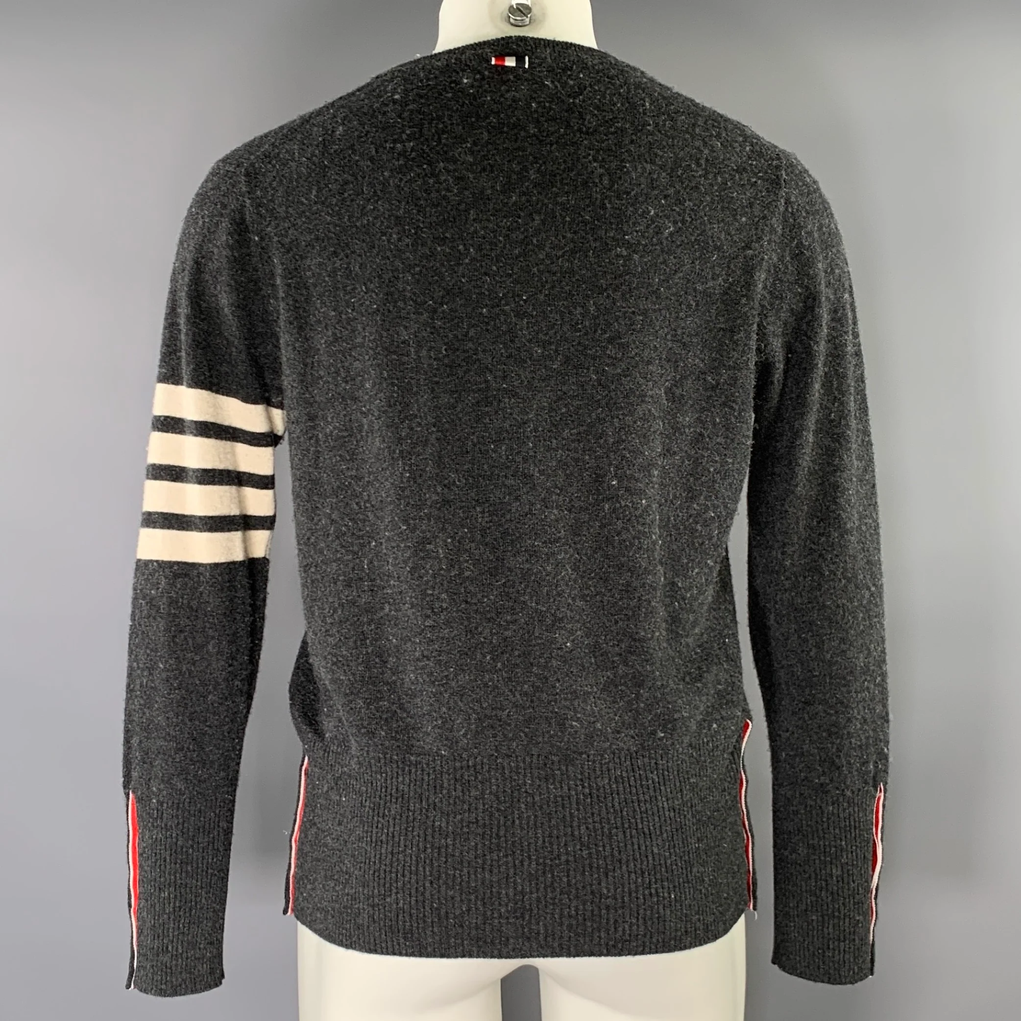 THOM BROWNE Size S Grey navy red white Knit Cashmere Crew Neck Sweater - Image 3