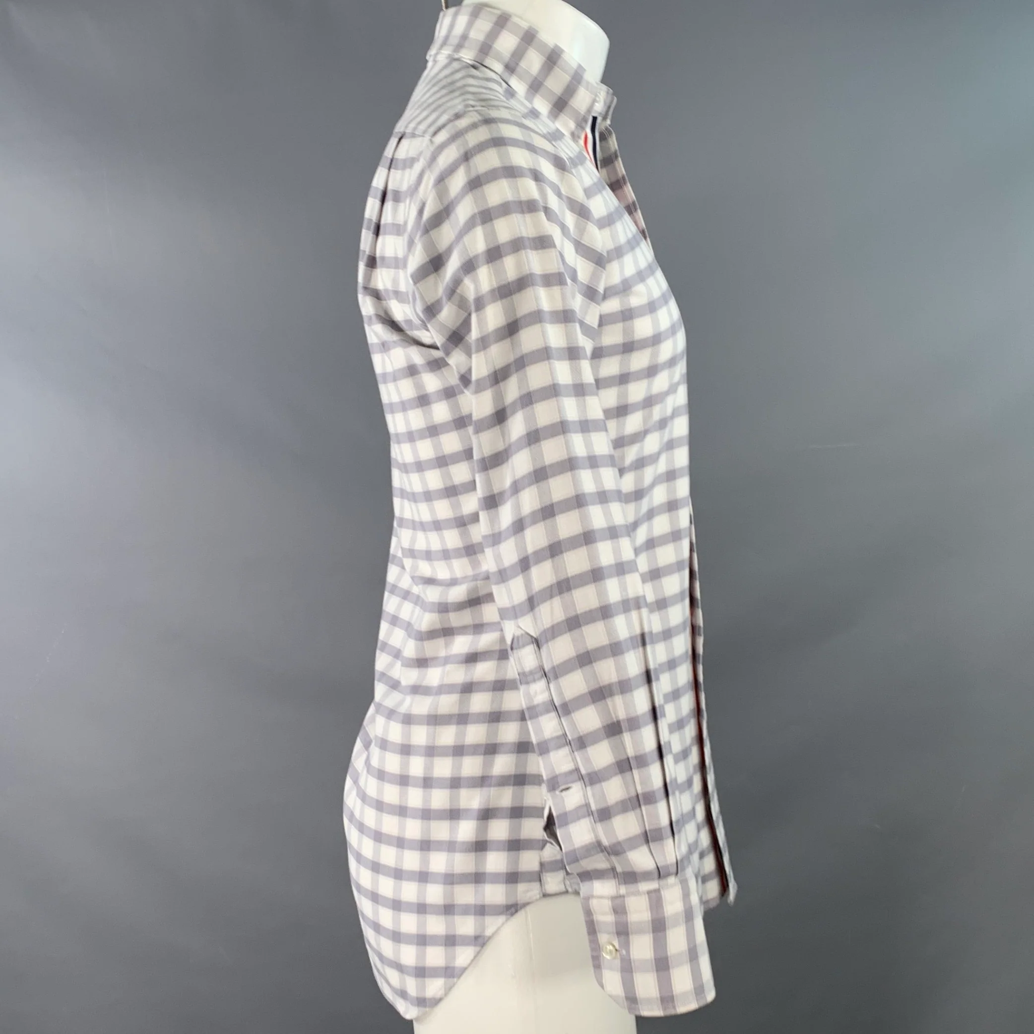 THOM BROWNE Size S Grey White Oxford Checkered Cotton Long Sleeve Shirt - Image 3