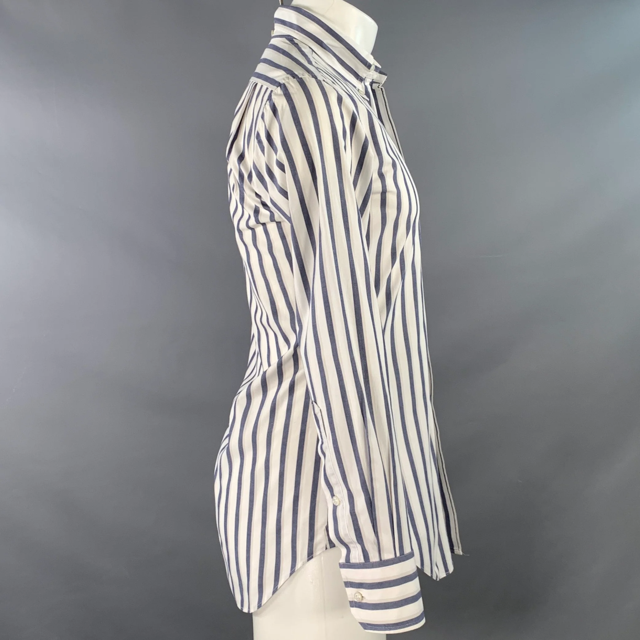 THOM BROWNE Size S White Navy Stripe Cotton One pocket Long Sleeve Shirt - Image 3