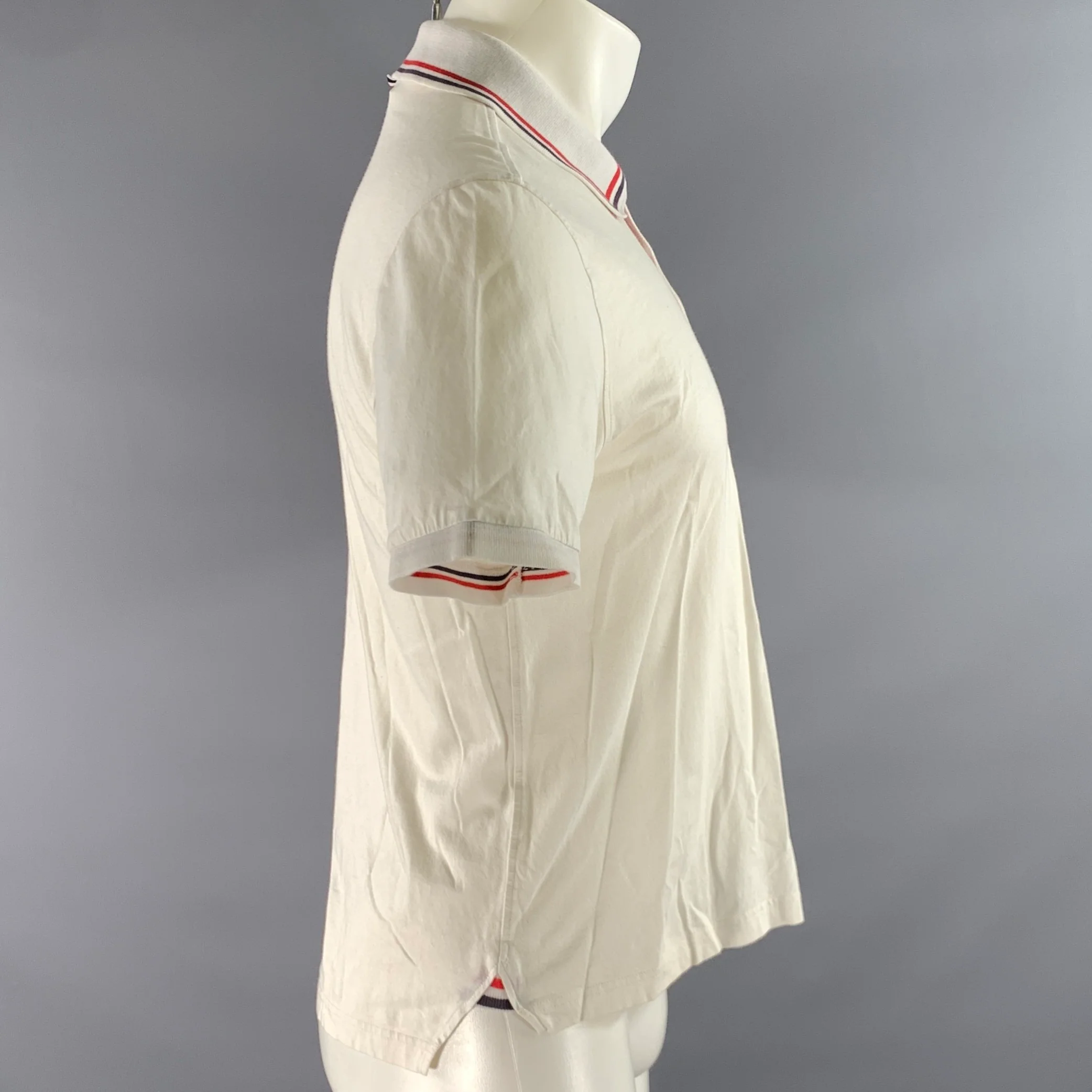 THOM BROWNE Size S White Red & Blue Stripe Cotton Short Sleeve Shirt - Image 3