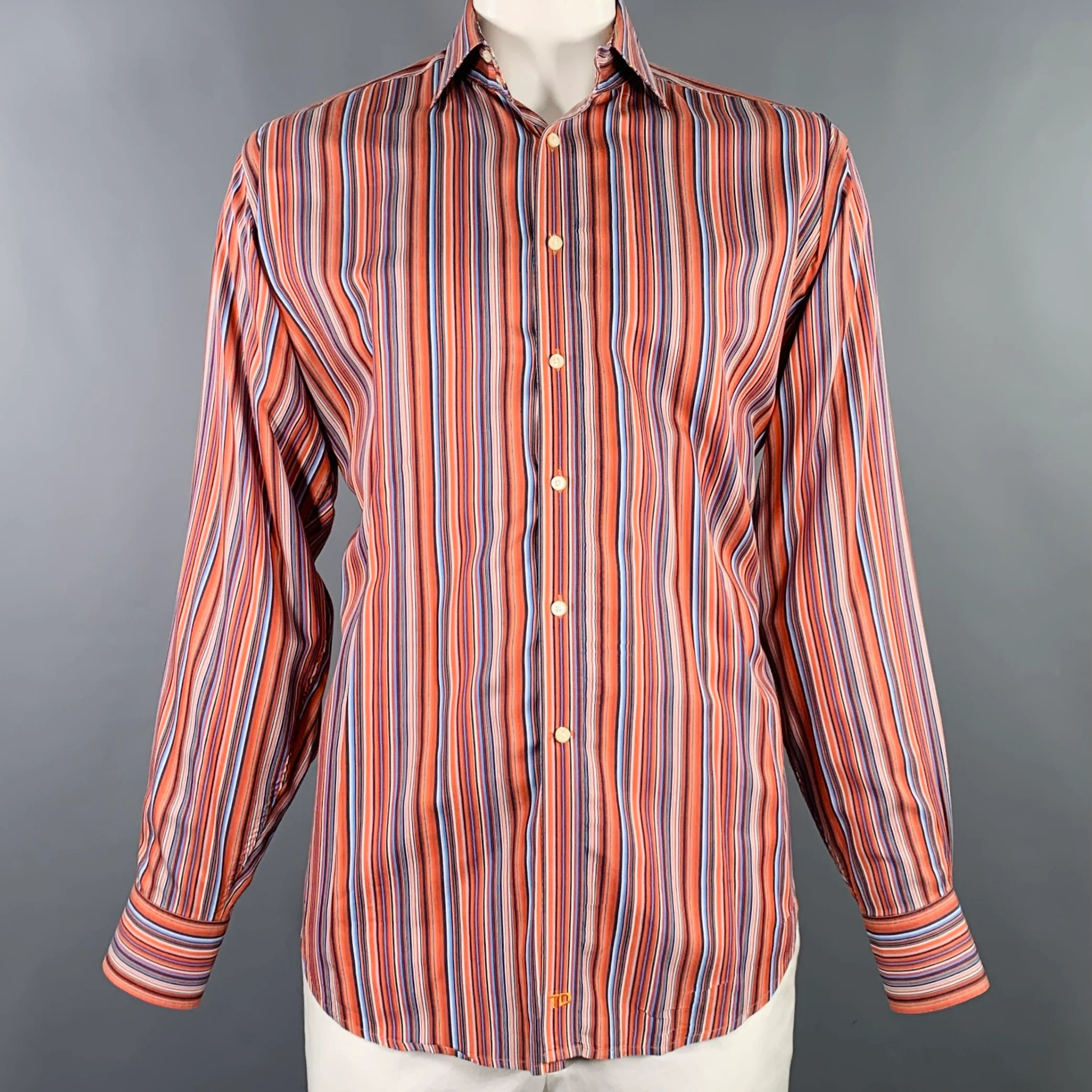 THOMAS DEAN Size XL Orange Blue Stripe Cotton Long Sleeve Shirt