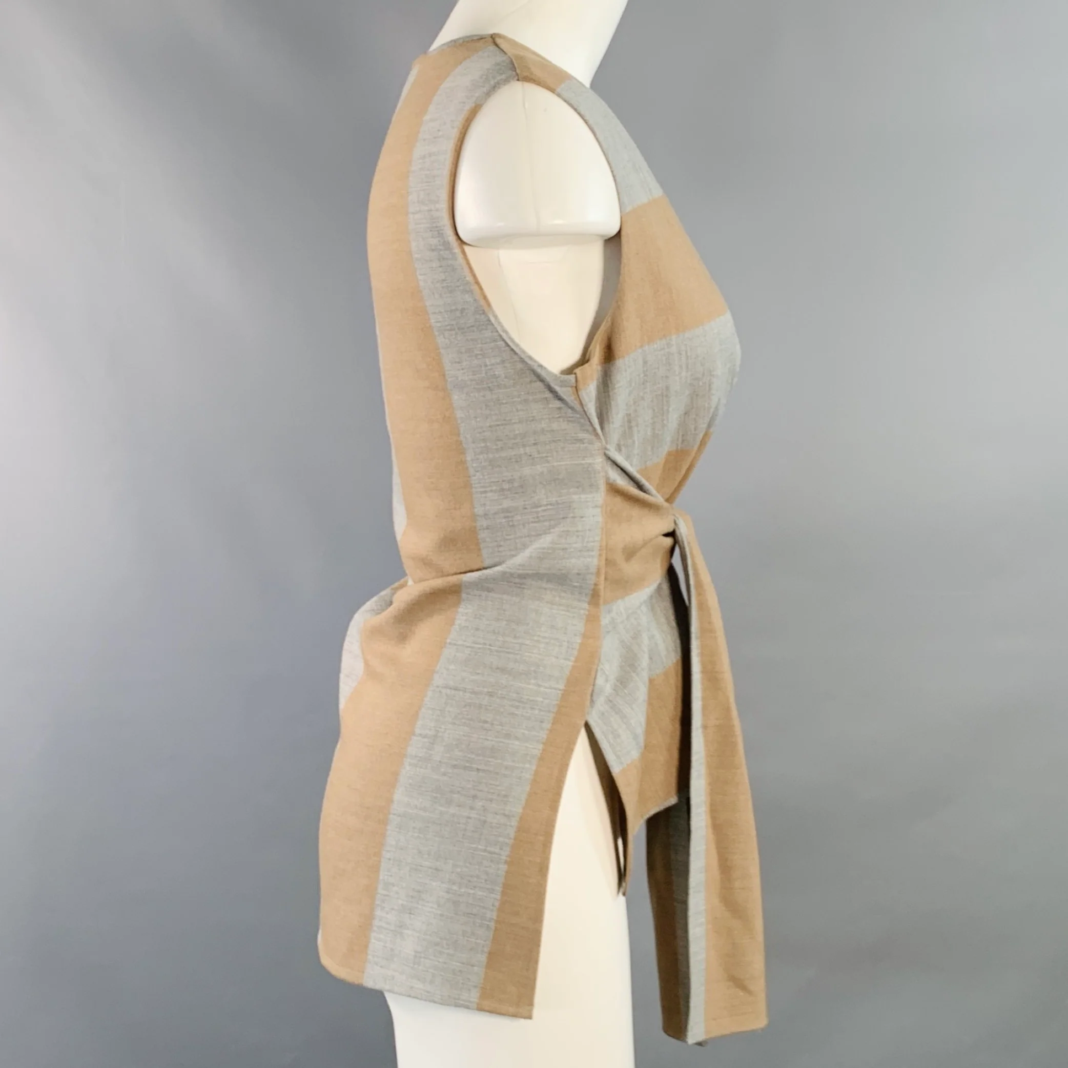 TIBI Size 2 Grey Tan Polyester Blend Stripe V-Neck Tie Casual Top - Image 2
