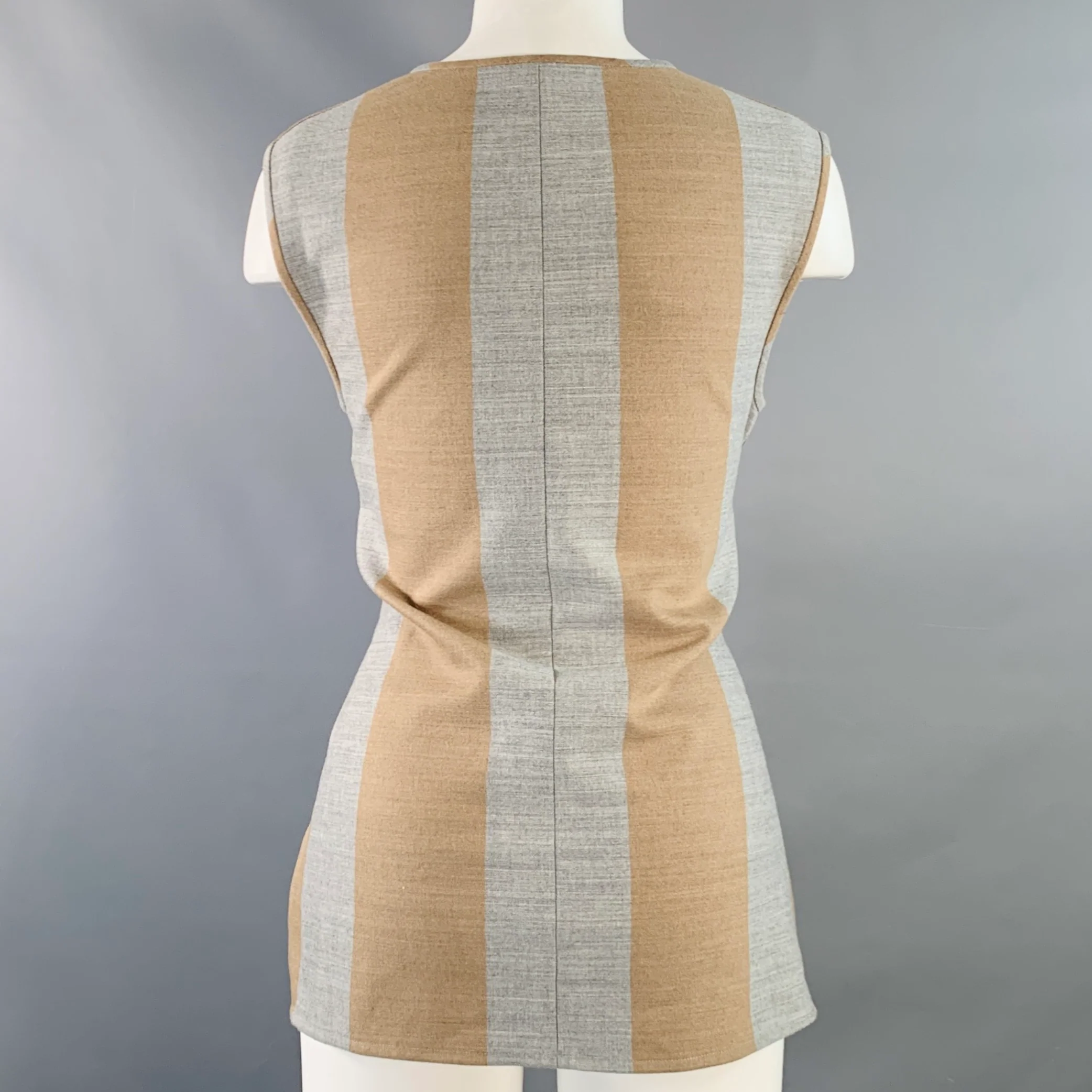 TIBI Size 2 Grey Tan Polyester Blend Stripe V-Neck Tie Casual Top - Image 3