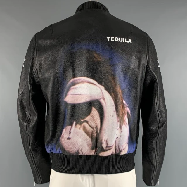 TIM COPPENS Size XL Black Graphic Leather Zip Up Jacket - Image 4
