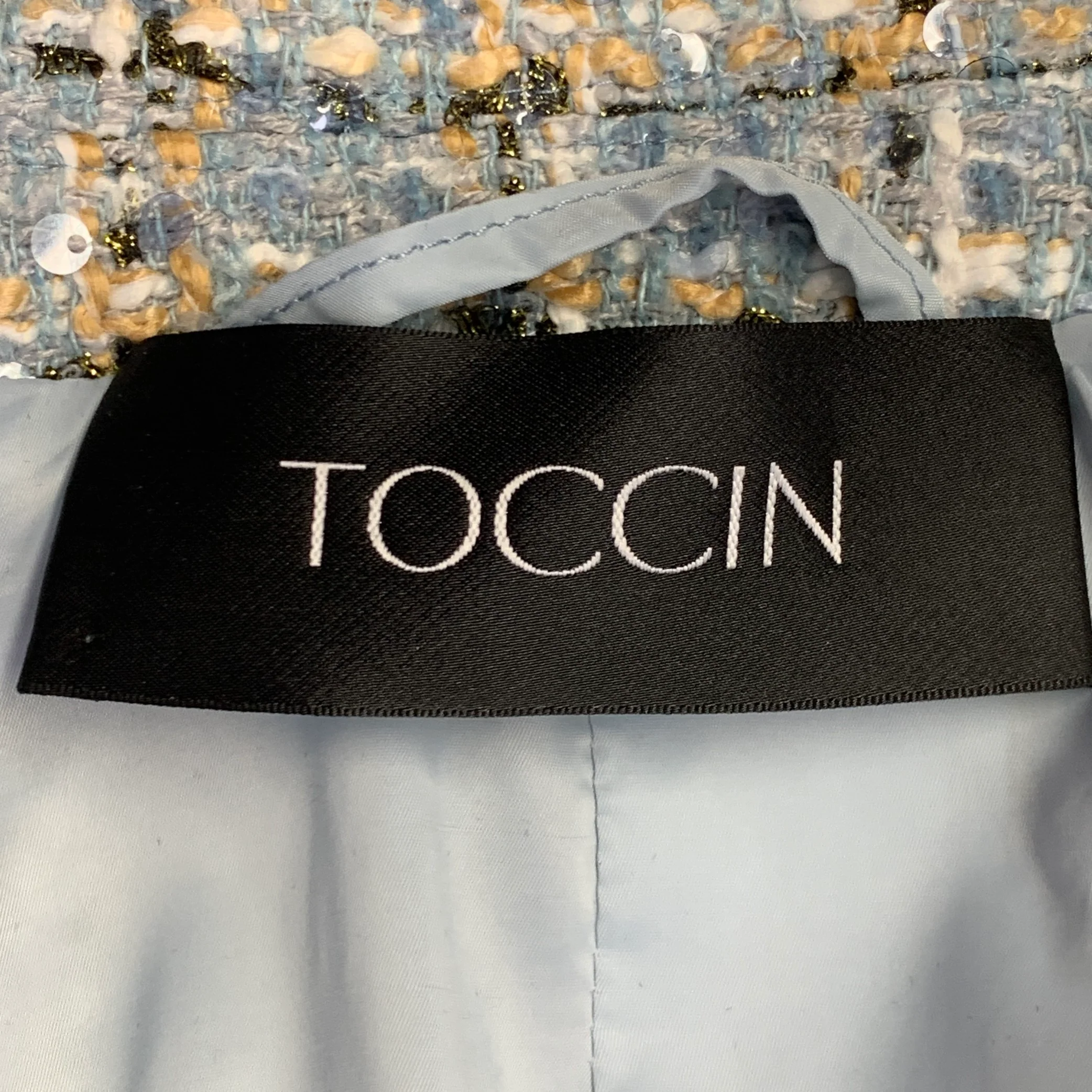 TOCCIN(NY) Size XL Blue Khaki White Tweed Sequined Raw Edge Jacket - Image 6