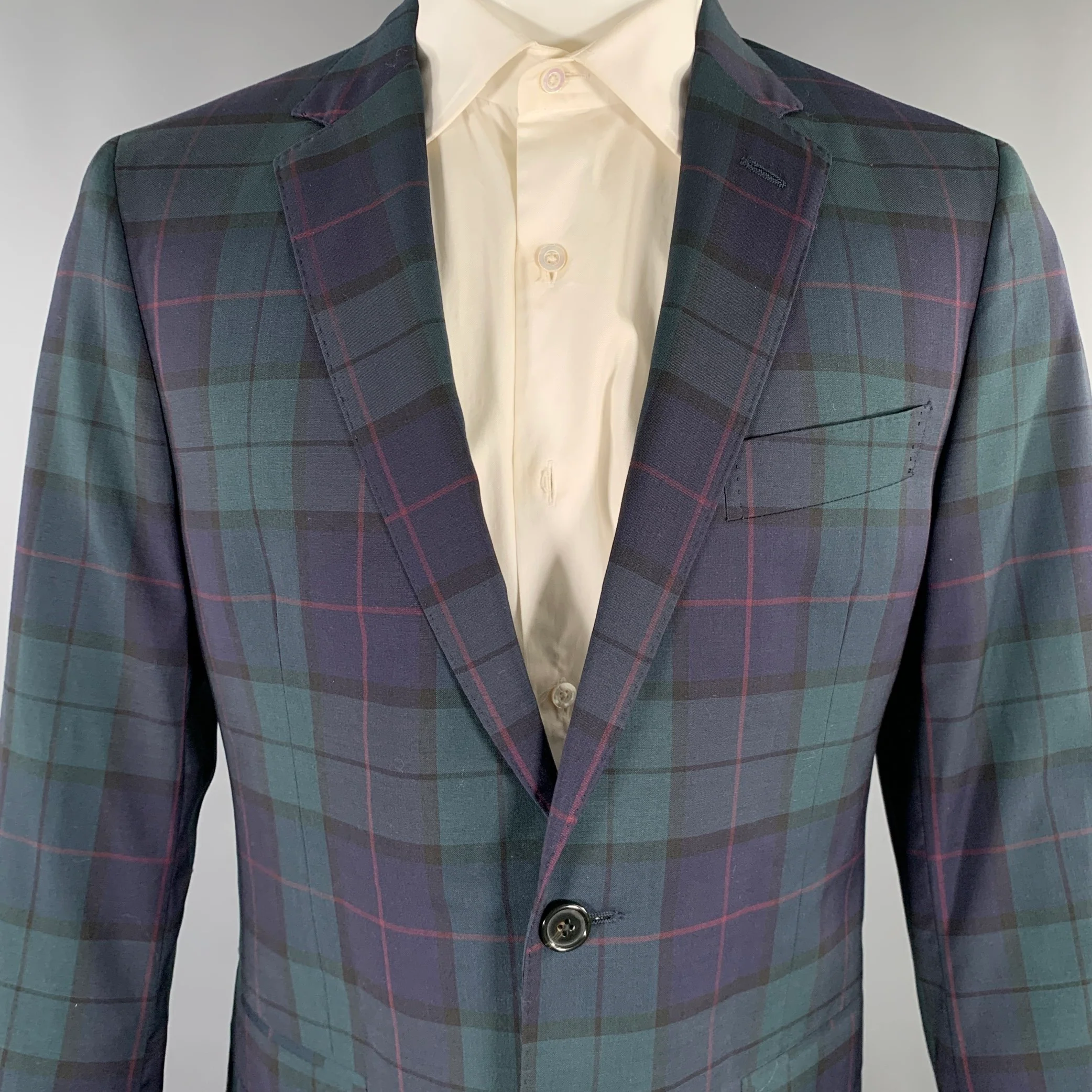 TODD SNYDER Size 40 Regular Green Navy Plaid Wool Sport Coat - Image 2