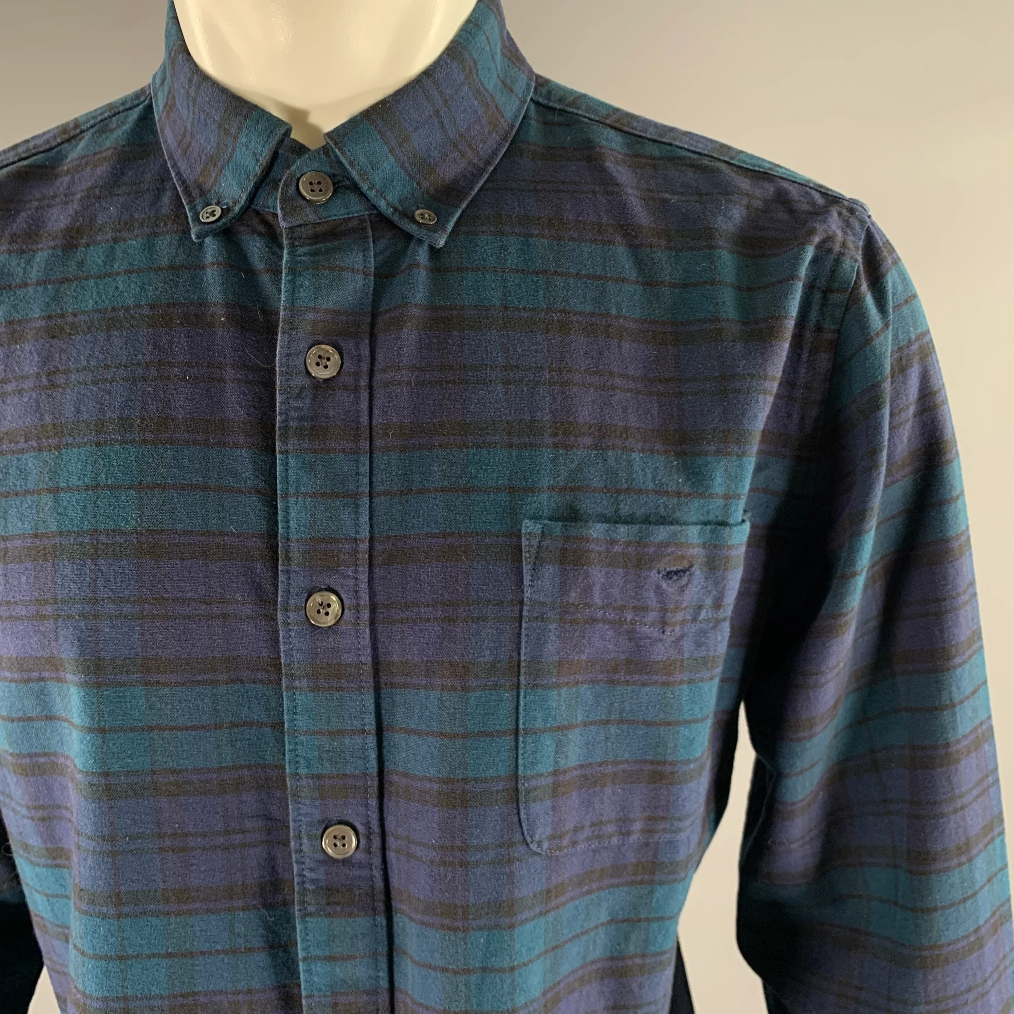 TODD SNYDER Size L Blue Green Black Tartan Cotton Long Sleeve Oxford Shirt - Image 2