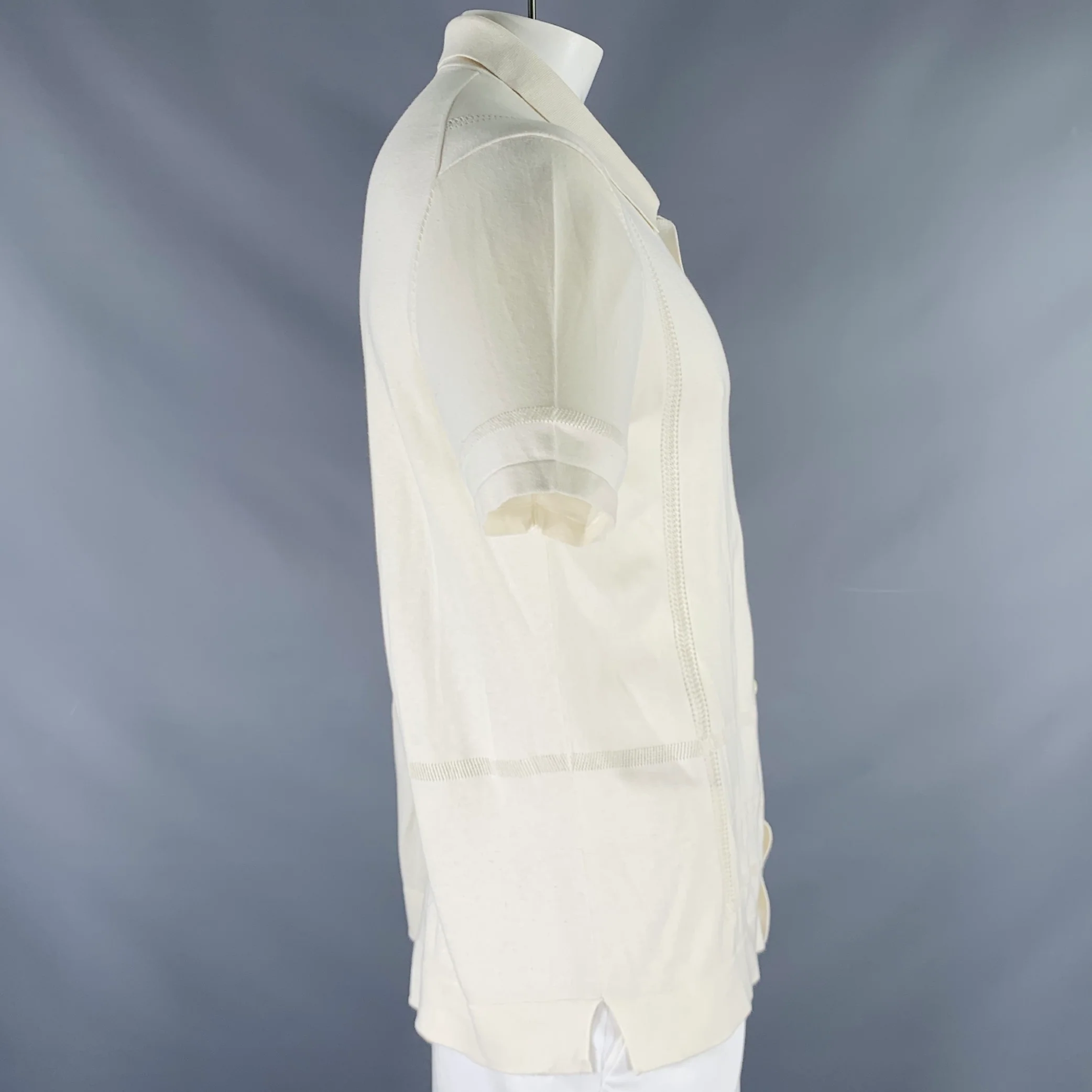 TODD SNYDER Size L Cream Eyelet Silk Cotton Short Sleeve Shirt - Image 3