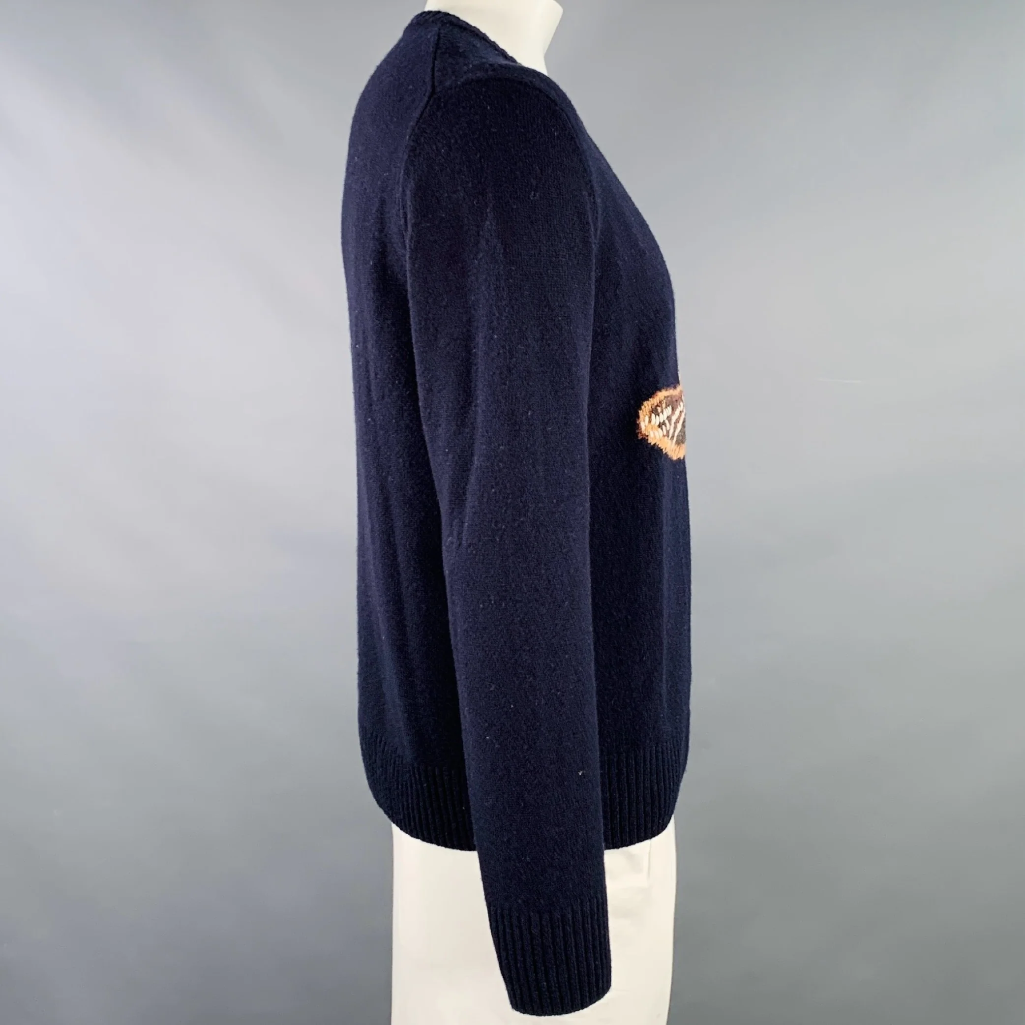 TODD SNYDER Size L Navy Brown Embroidery Merino Wool Boot Sweater - Image 3