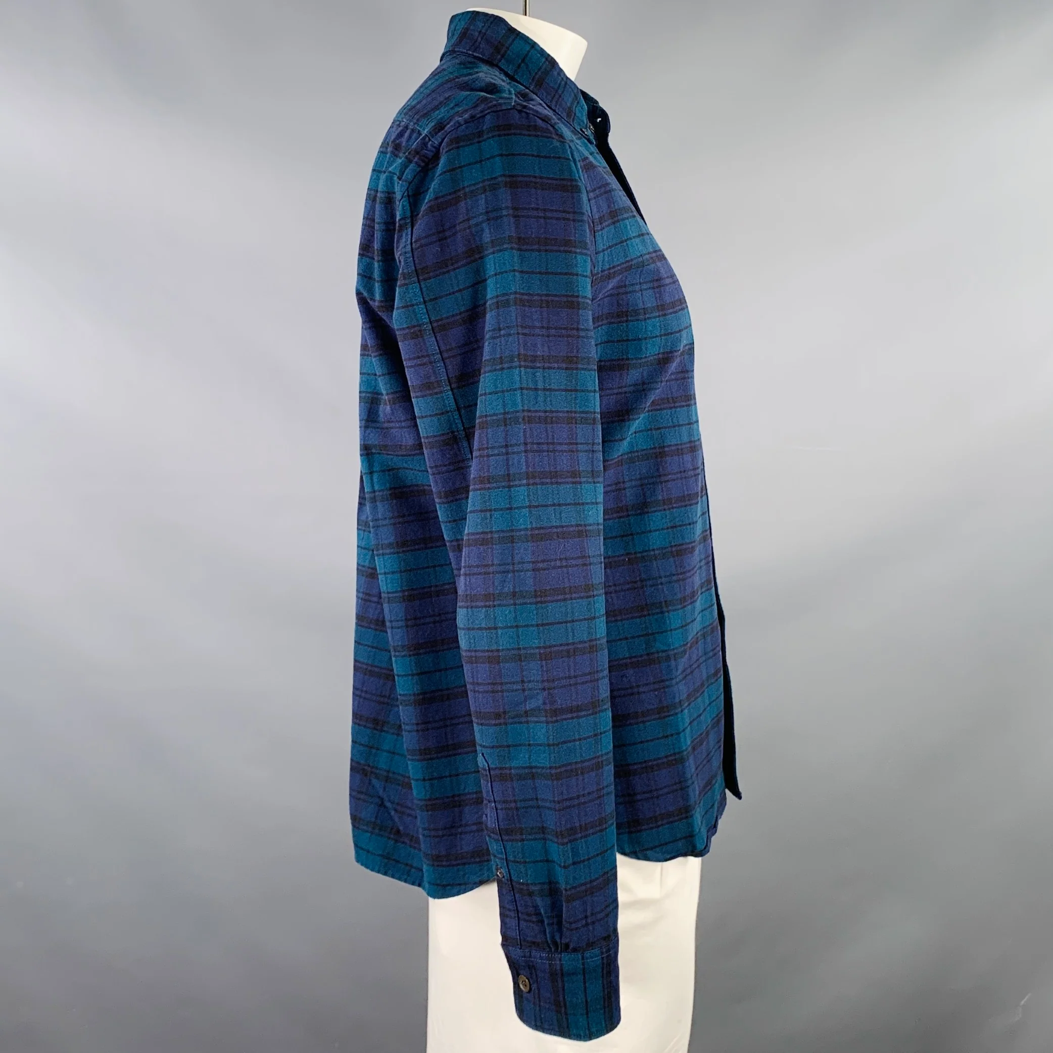 TODD SNYDER Size L Navy Teal Plaid Cotton One Pocket Long Sleeve Shirt - Image 2