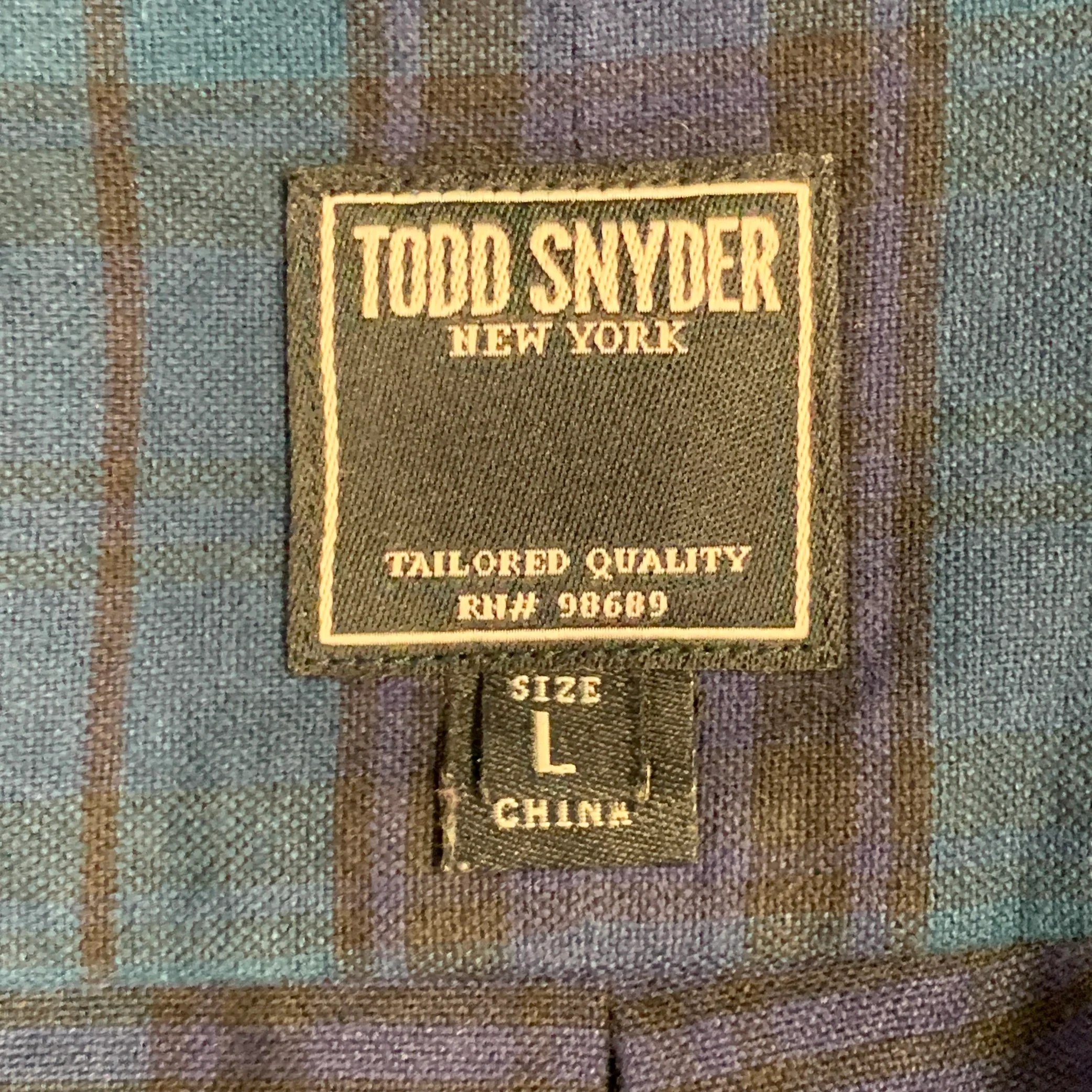 TODD SNYDER Size L Navy Teal Plaid Cotton One Pocket Long Sleeve Shirt - Image 7