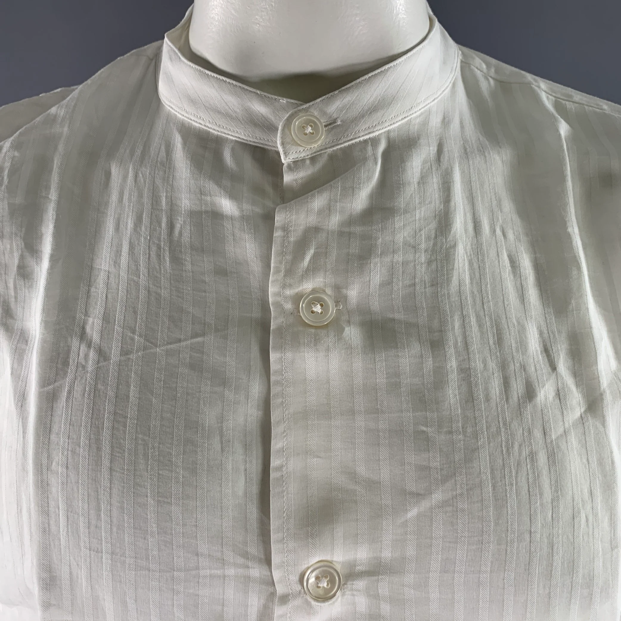 TODD SNYDER Size L White Stripe Cotton Silk Band Collar Long Sleeve Shirt - Image 2