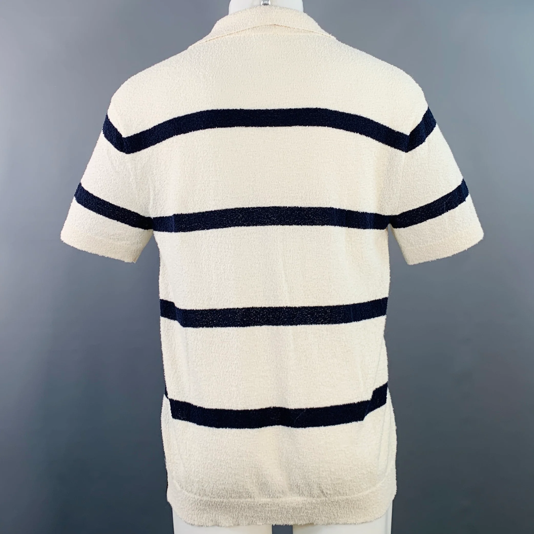 TODD SNYDER Size M Cream Navy Stripe Cotton Blend Terry Polo - Image 3