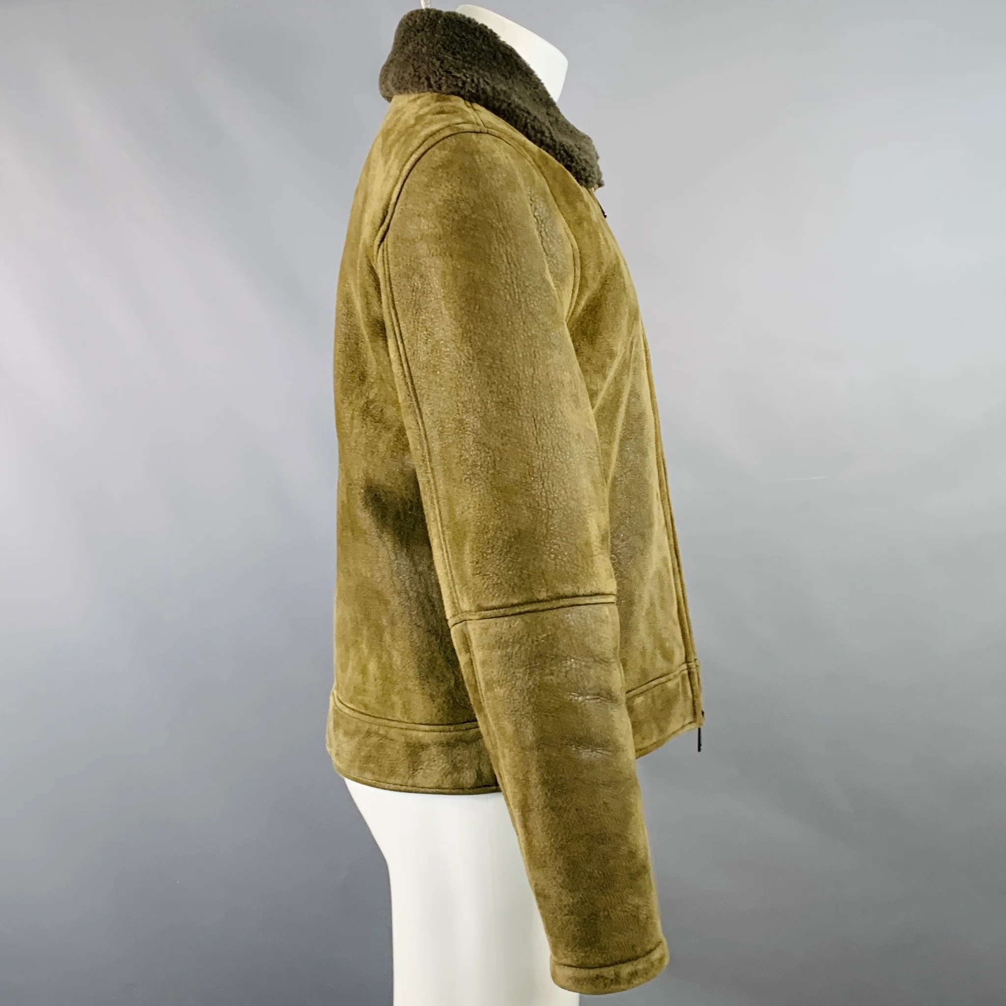 TODD SNYDER Size M Olive Green Lambskin Shearling Bomber Jacket - Image 3
