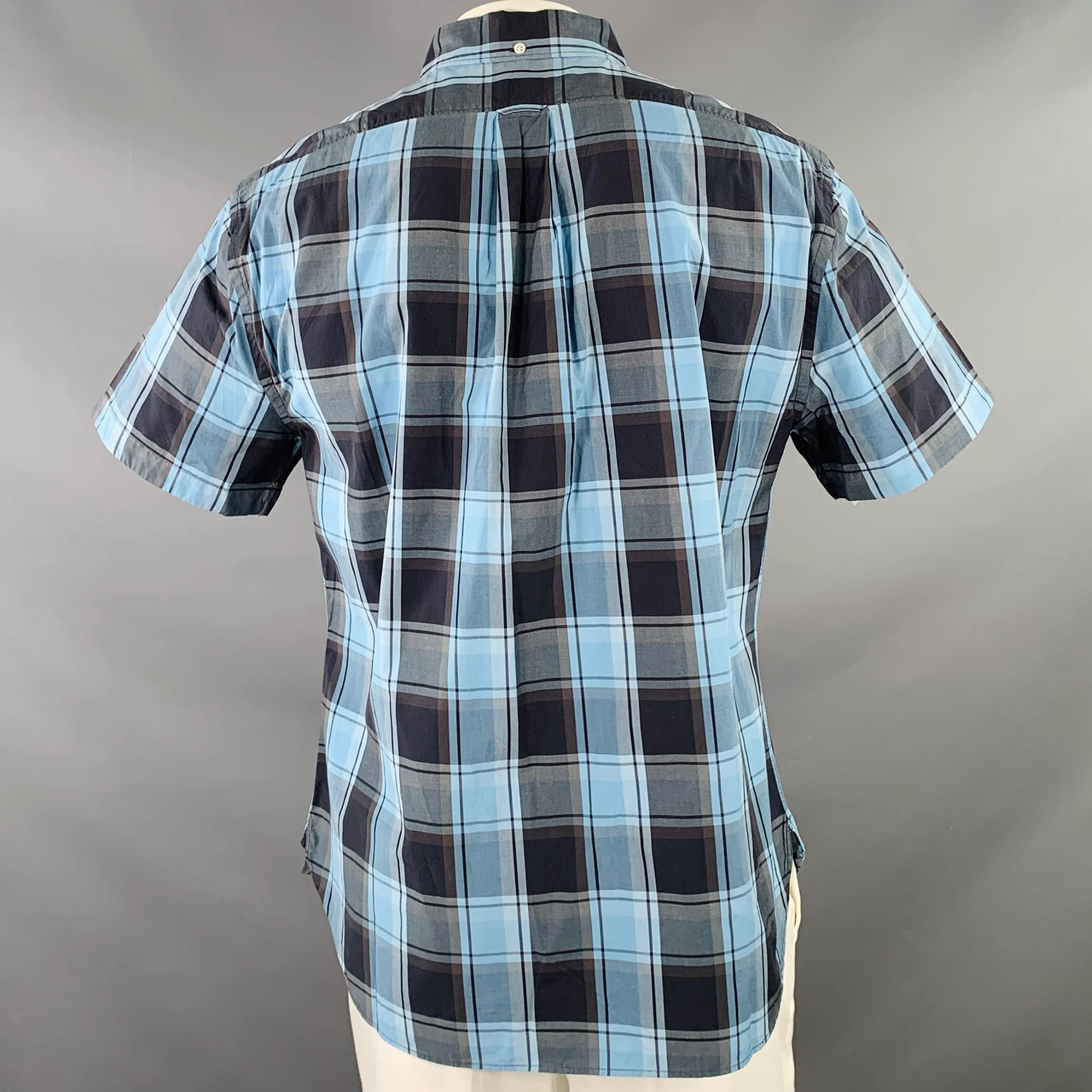 TODD SNYDER Size XL Blue Navy Checkered Cotton One Pocket Short Sleeve Shirt - Image 3